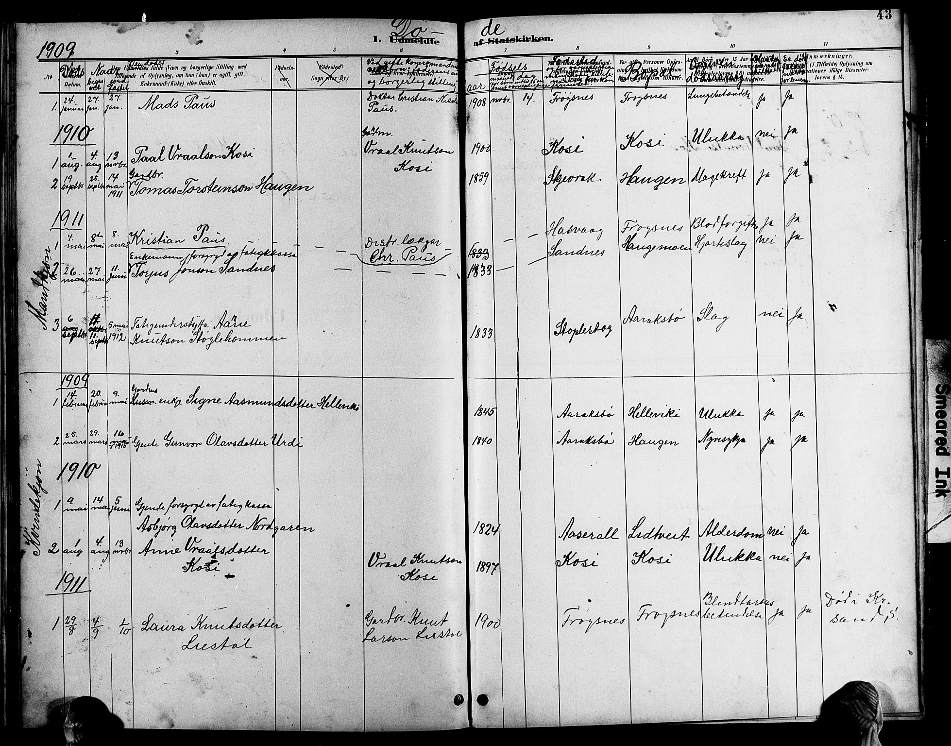 Bygland sokneprestkontor, AV/SAK-1111-0006/F/Fb/Fbc/L0002: Parish register (copy) no. B 2, 1895-1916, p. 43