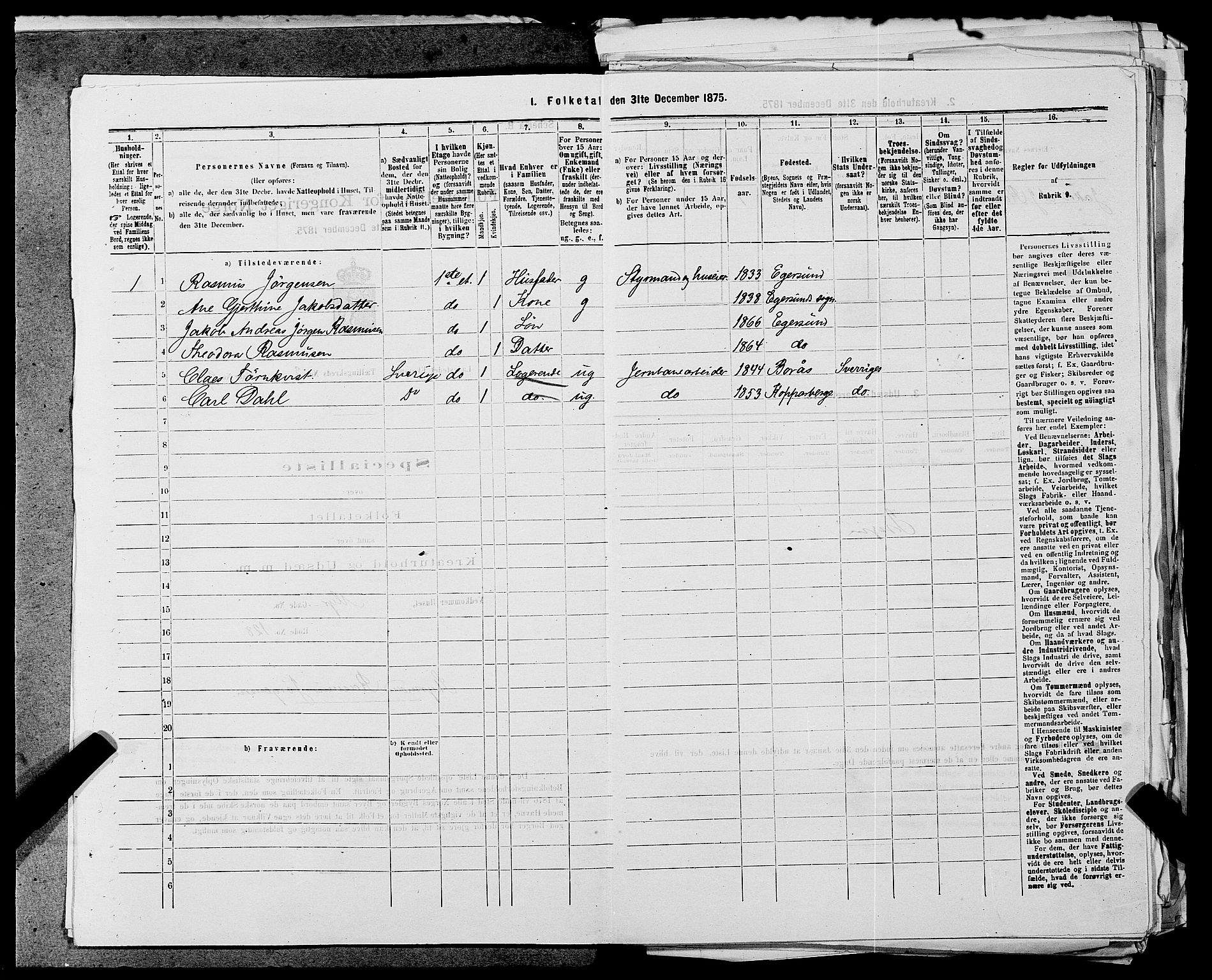 SAST, 1875 census for 1101B Eigersund parish, Egersund town, 1875, p. 207