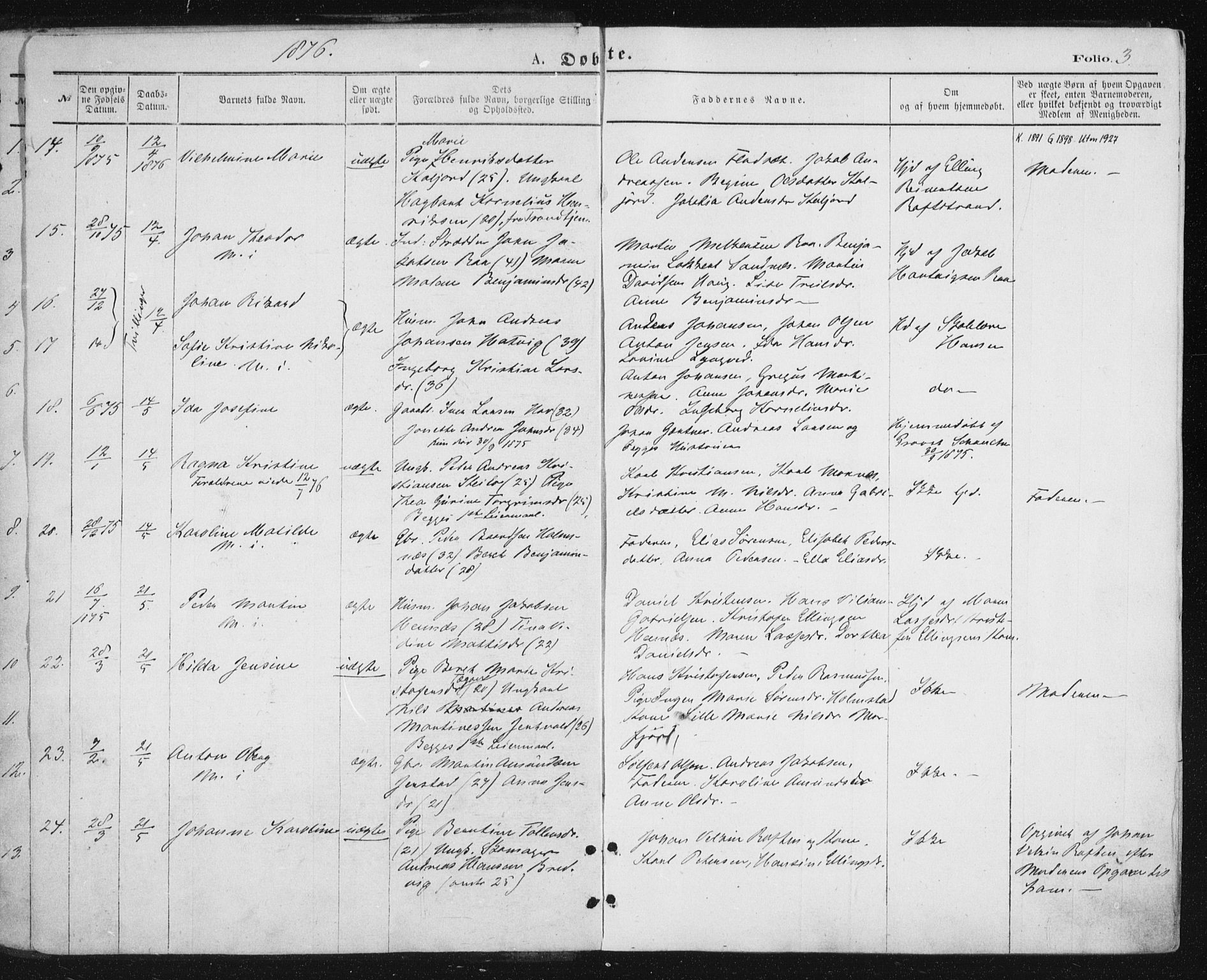 Ministerialprotokoller, klokkerbøker og fødselsregistre - Nordland, AV/SAT-A-1459/888/L1243: Parish register (official) no. 888A09, 1876-1879, p. 3