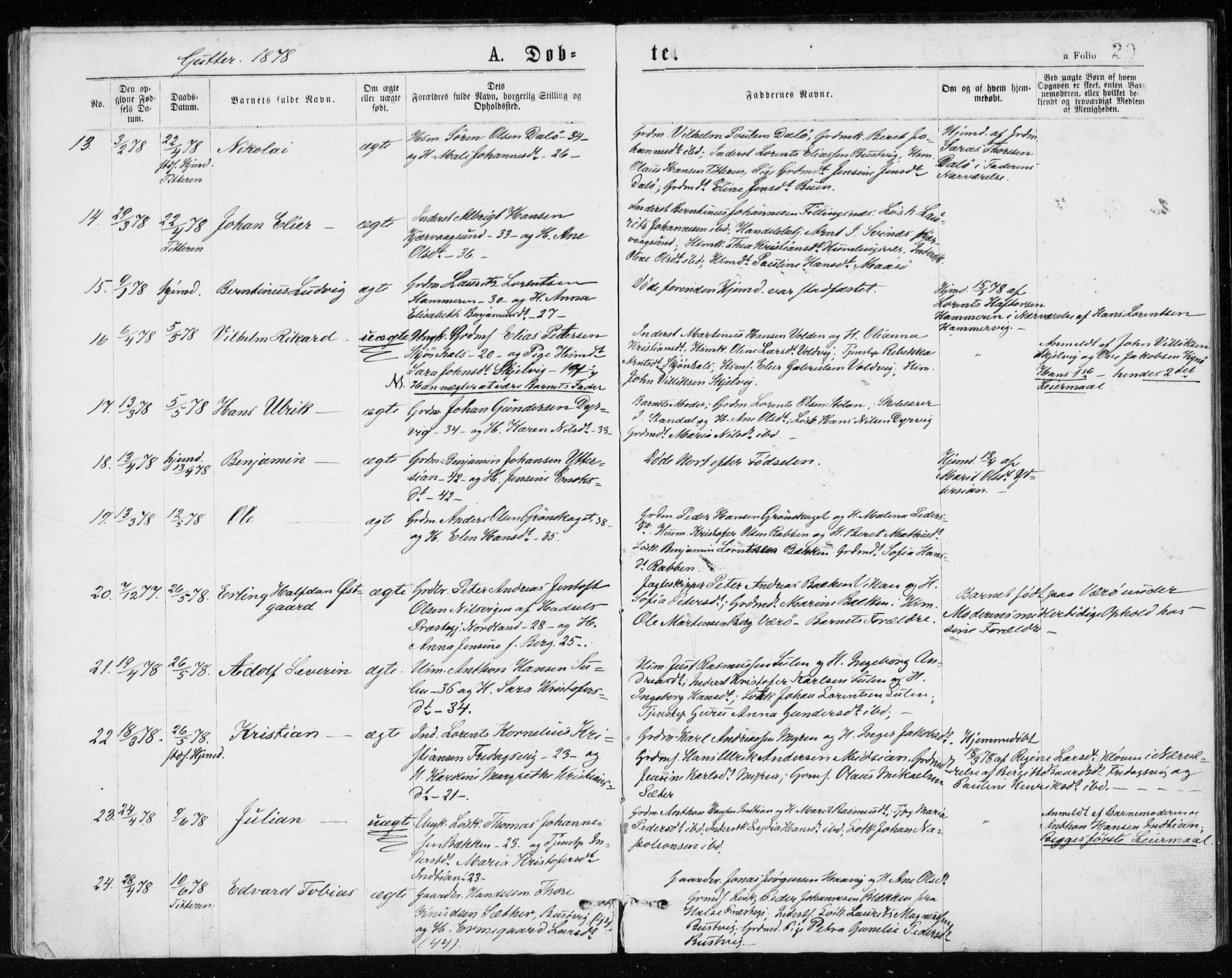 Ministerialprotokoller, klokkerbøker og fødselsregistre - Sør-Trøndelag, SAT/A-1456/640/L0577: Parish register (official) no. 640A02, 1877-1878, p. 20