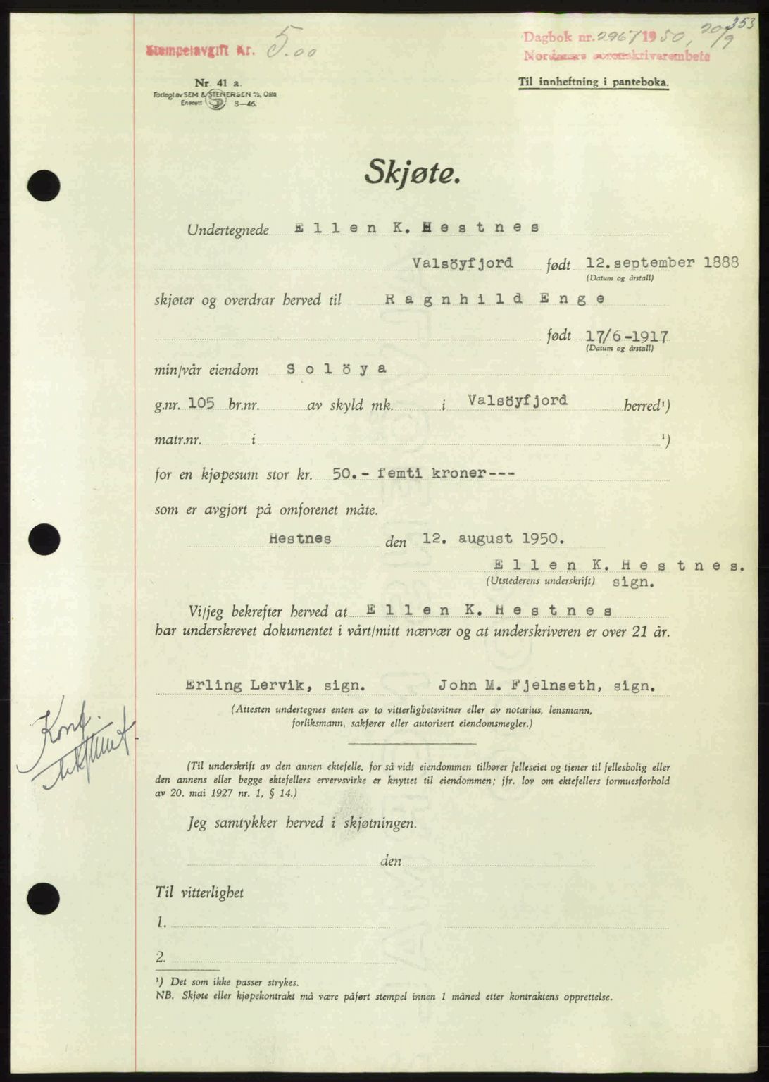 Nordmøre sorenskriveri, AV/SAT-A-4132/1/2/2Ca: Mortgage book no. A116, 1950-1950, Diary no: : 2967/1950