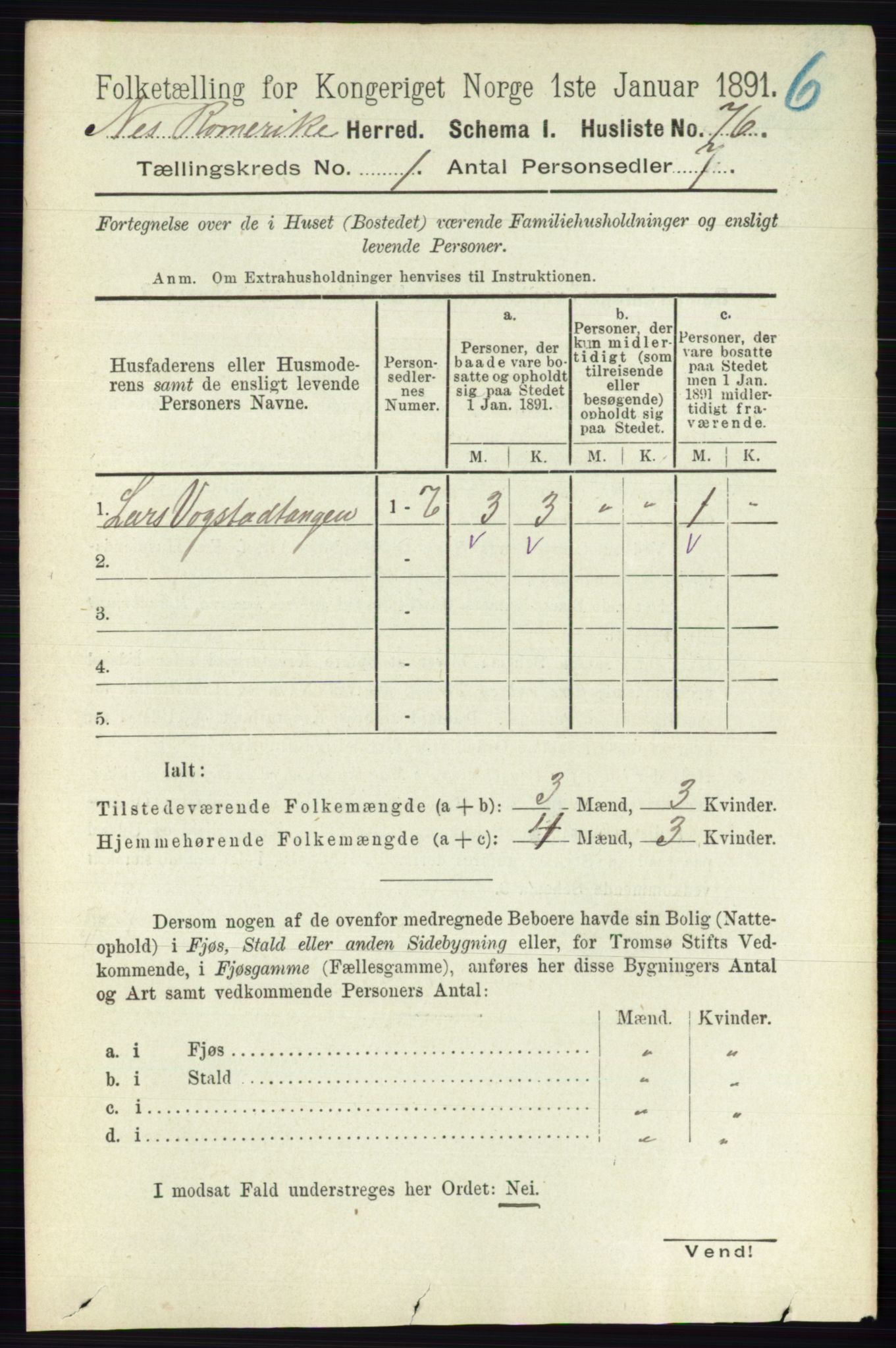 RA, 1891 census for 0236 Nes, 1891, p. 120