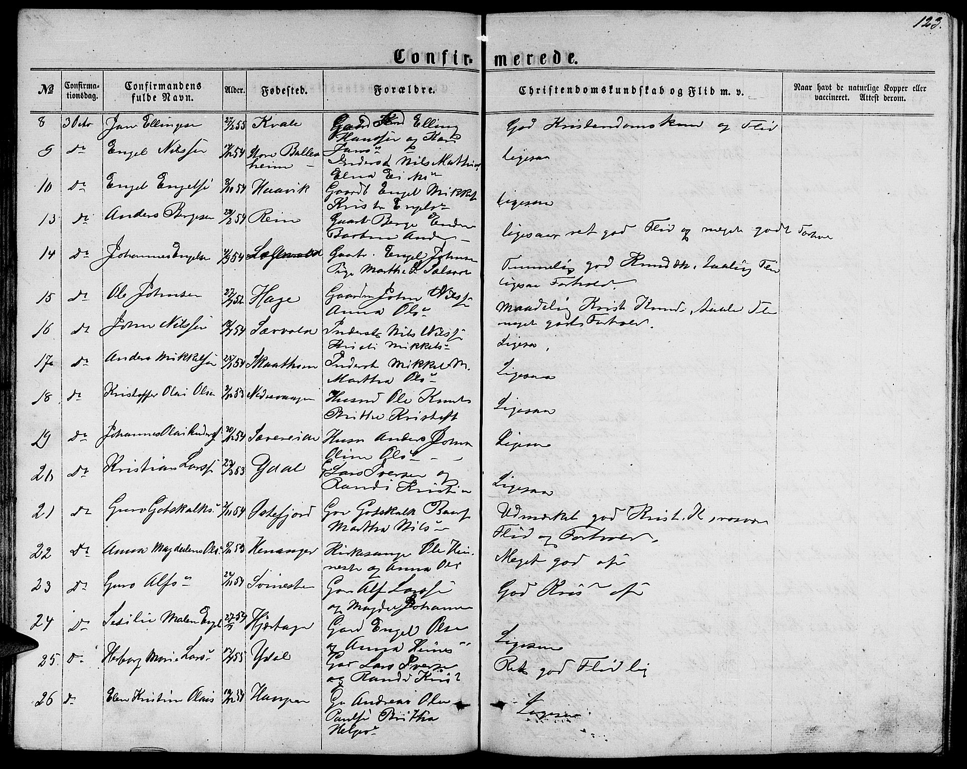 Fusa sokneprestembete, SAB/A-75401/H/Hab: Parish register (copy) no. C 1, 1861-1885, p. 123