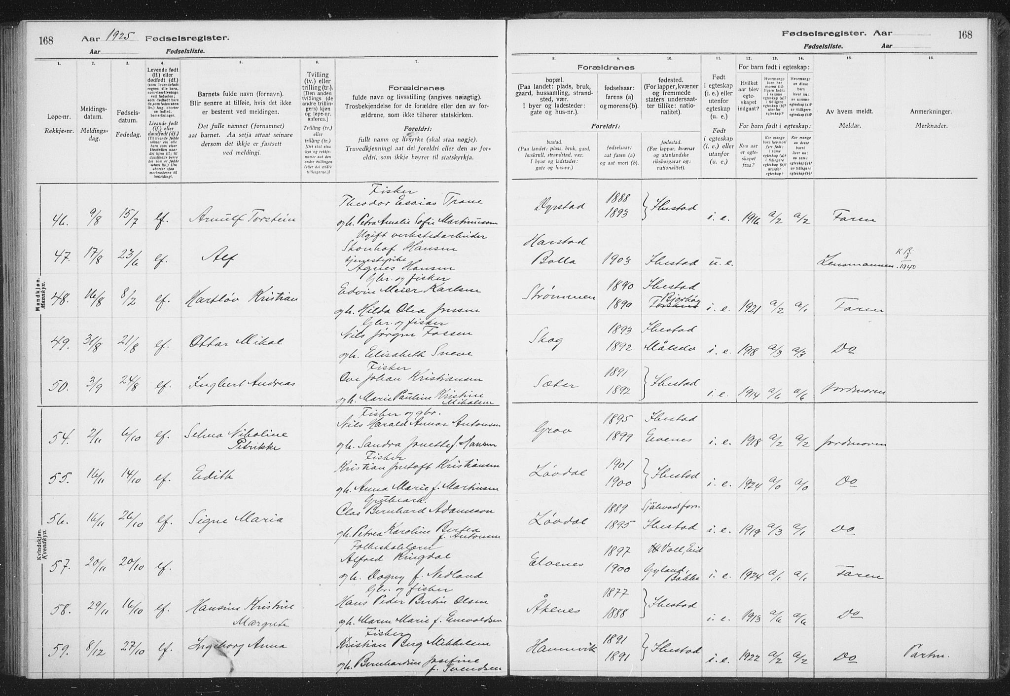 Ibestad sokneprestembete, AV/SATØ-S-0077/I/Ic/L0061: Birth register no. 61, 1917-1929, p. 168