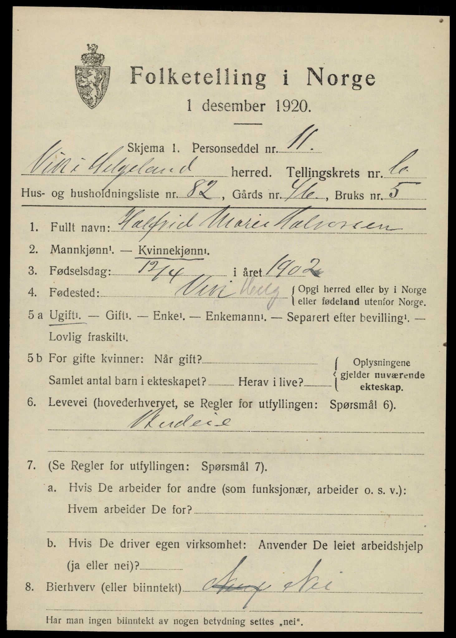 SAT, 1920 census for Vik, 1920, p. 4441