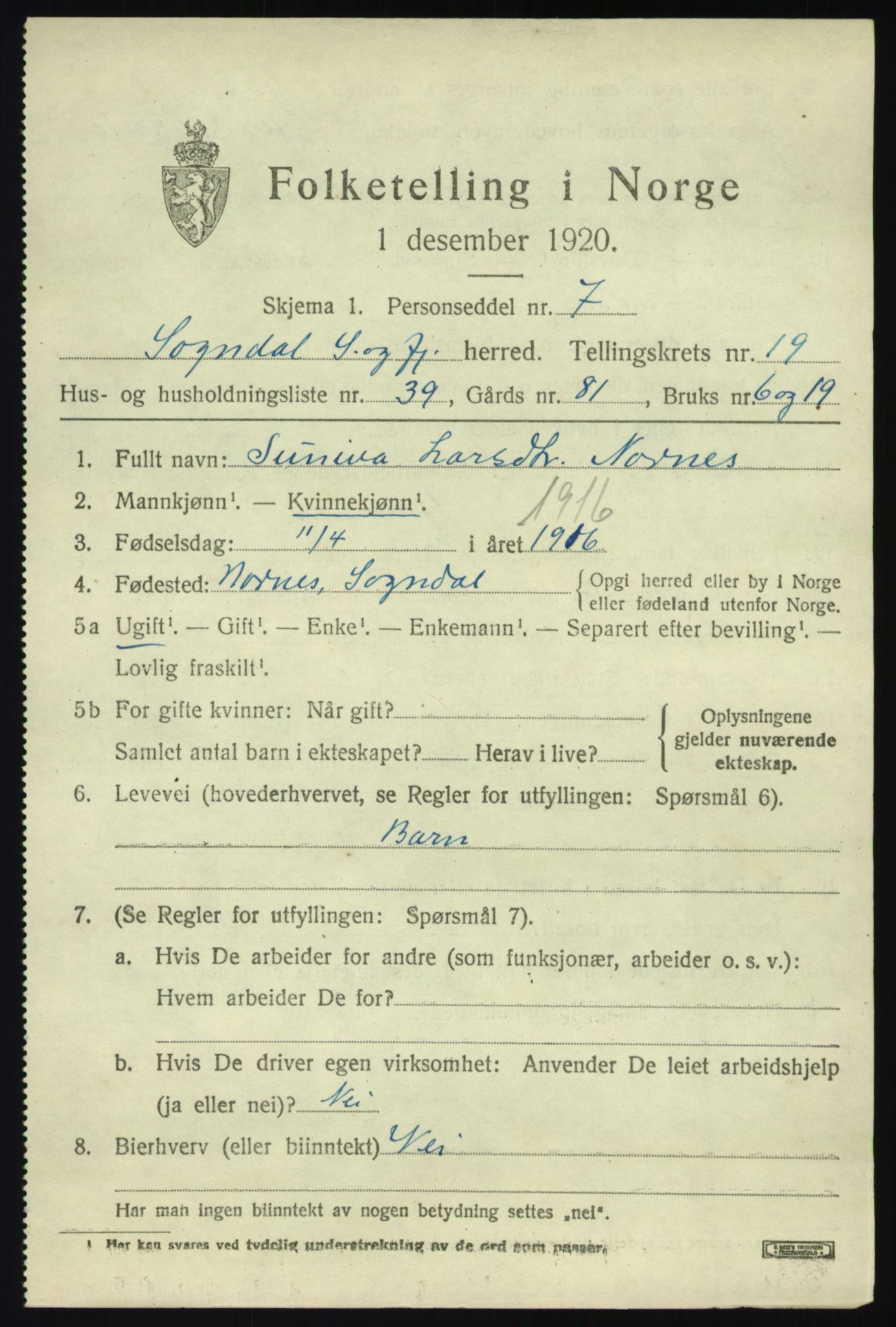 SAB, 1920 census for Sogndal, 1920, p. 7499