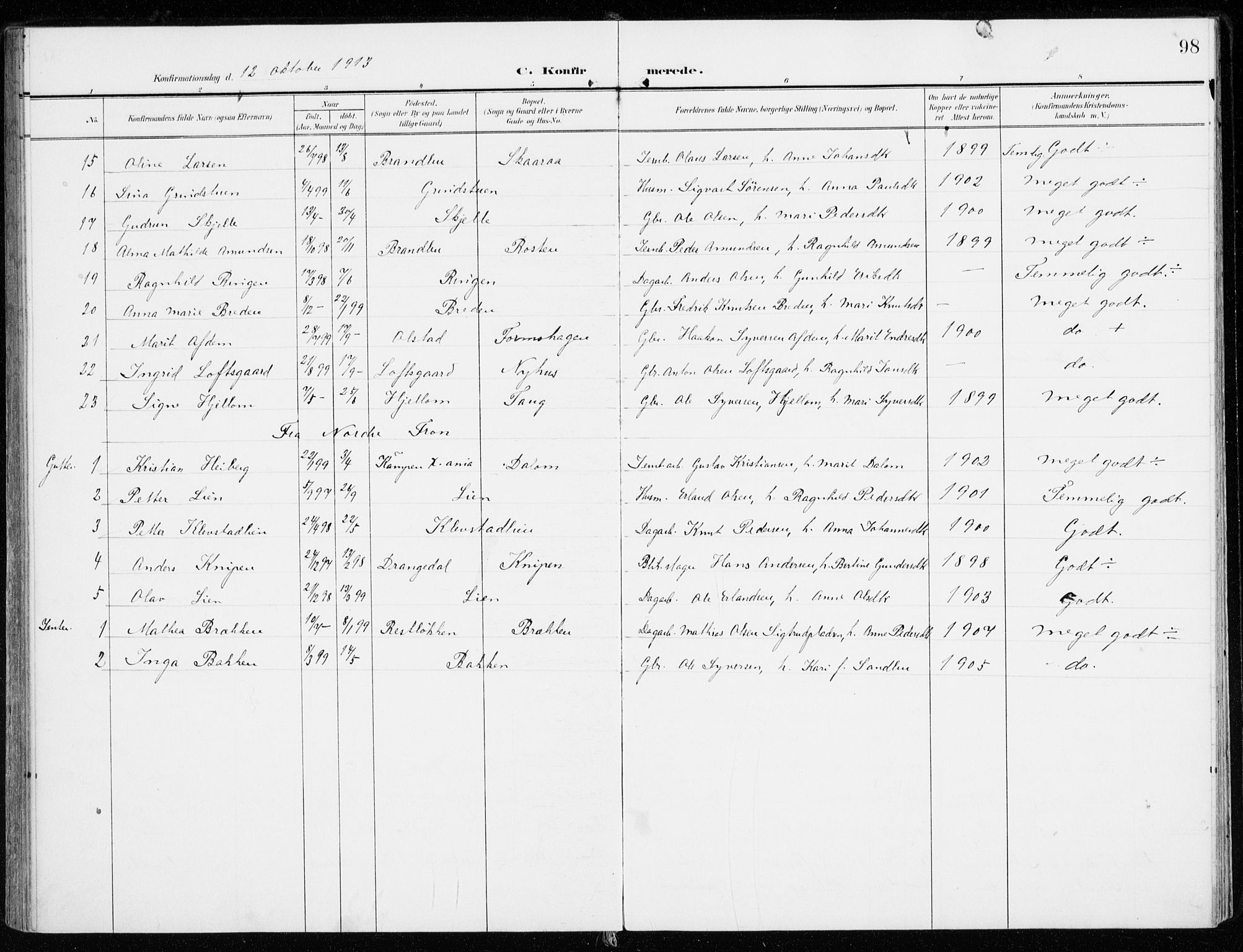 Sel prestekontor, SAH/PREST-074/H/Ha/Haa/L0002: Parish register (official) no. 2, 1905-1919, p. 98