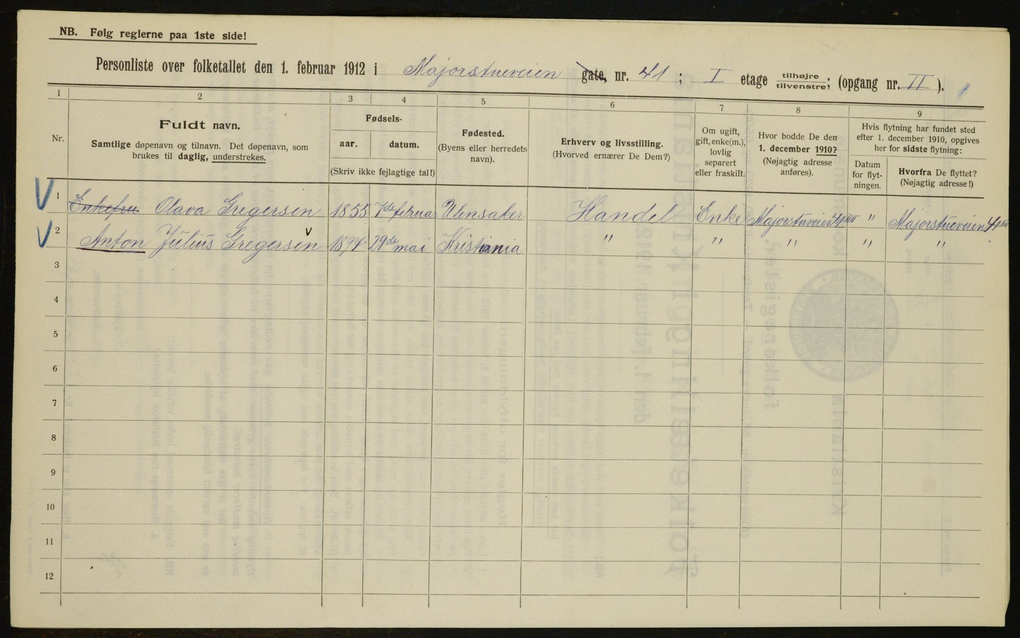 OBA, Municipal Census 1912 for Kristiania, 1912, p. 60407