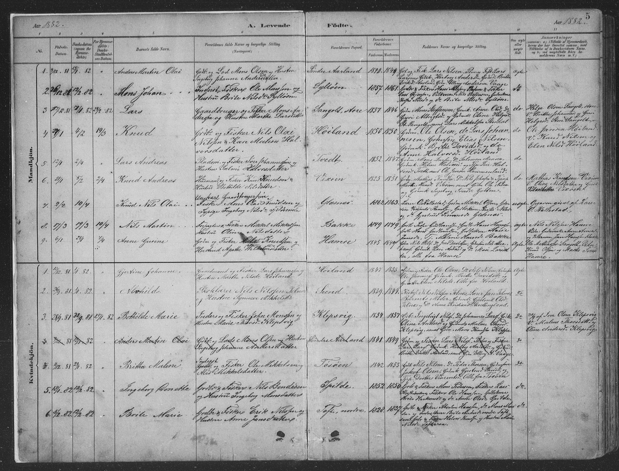 Sund sokneprestembete, SAB/A-99930: Parish register (copy) no. B 3, 1882-1911, p. 5