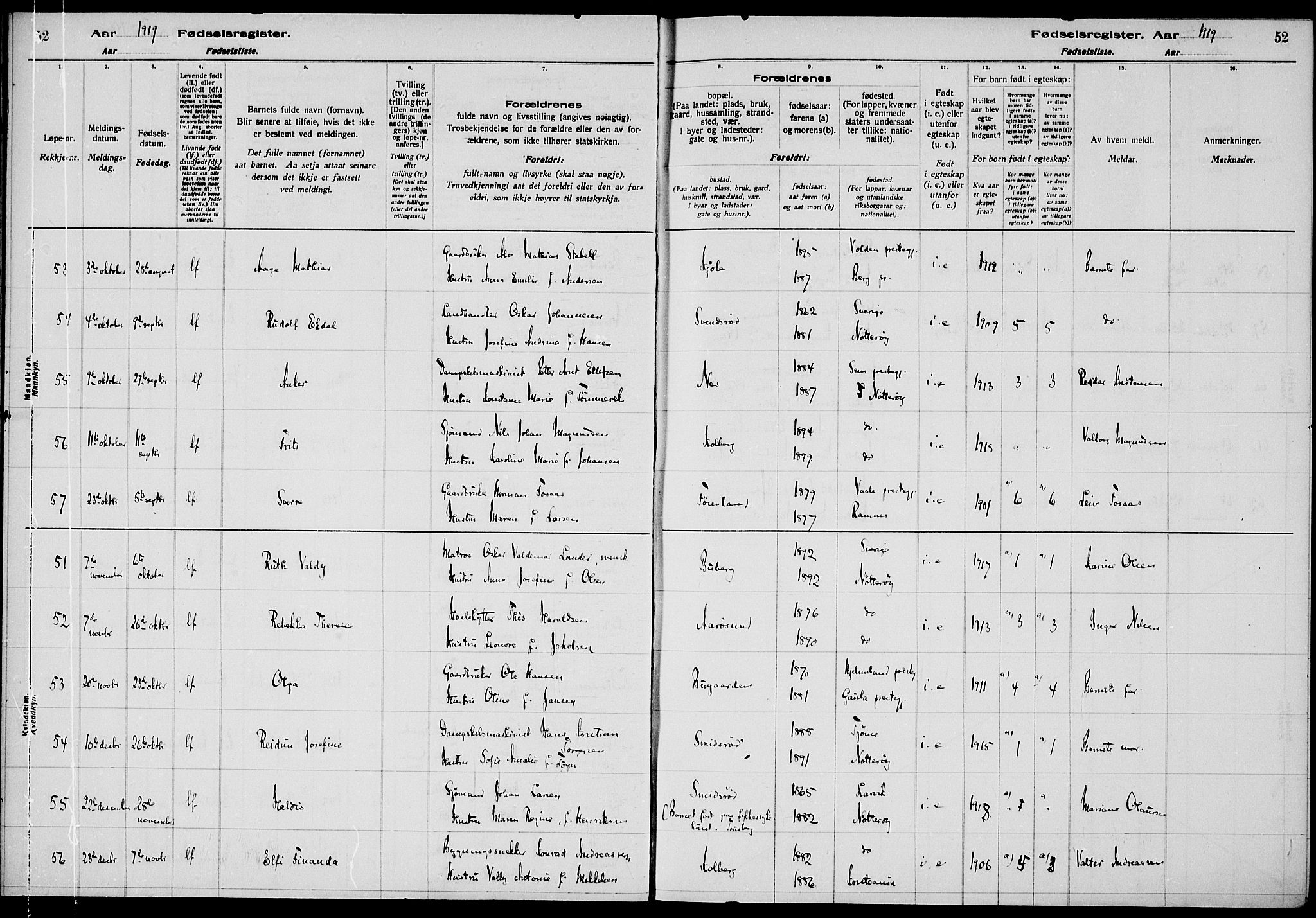 Nøtterøy kirkebøker, AV/SAKO-A-354/J/Ja/L0001: Birth register no. 1, 1916-1928, p. 52