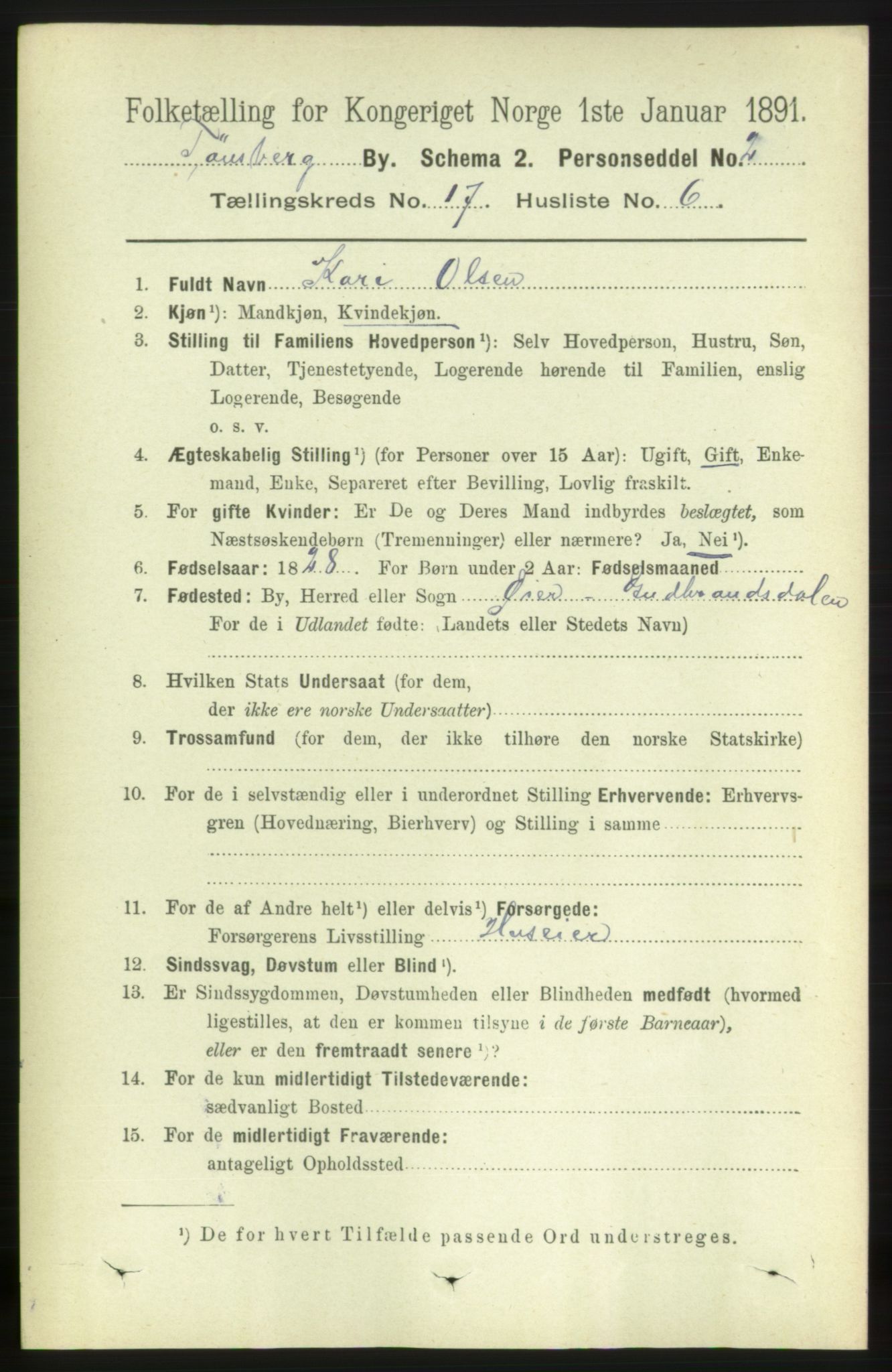 RA, 1891 census for 0705 Tønsberg, 1891, p. 5016