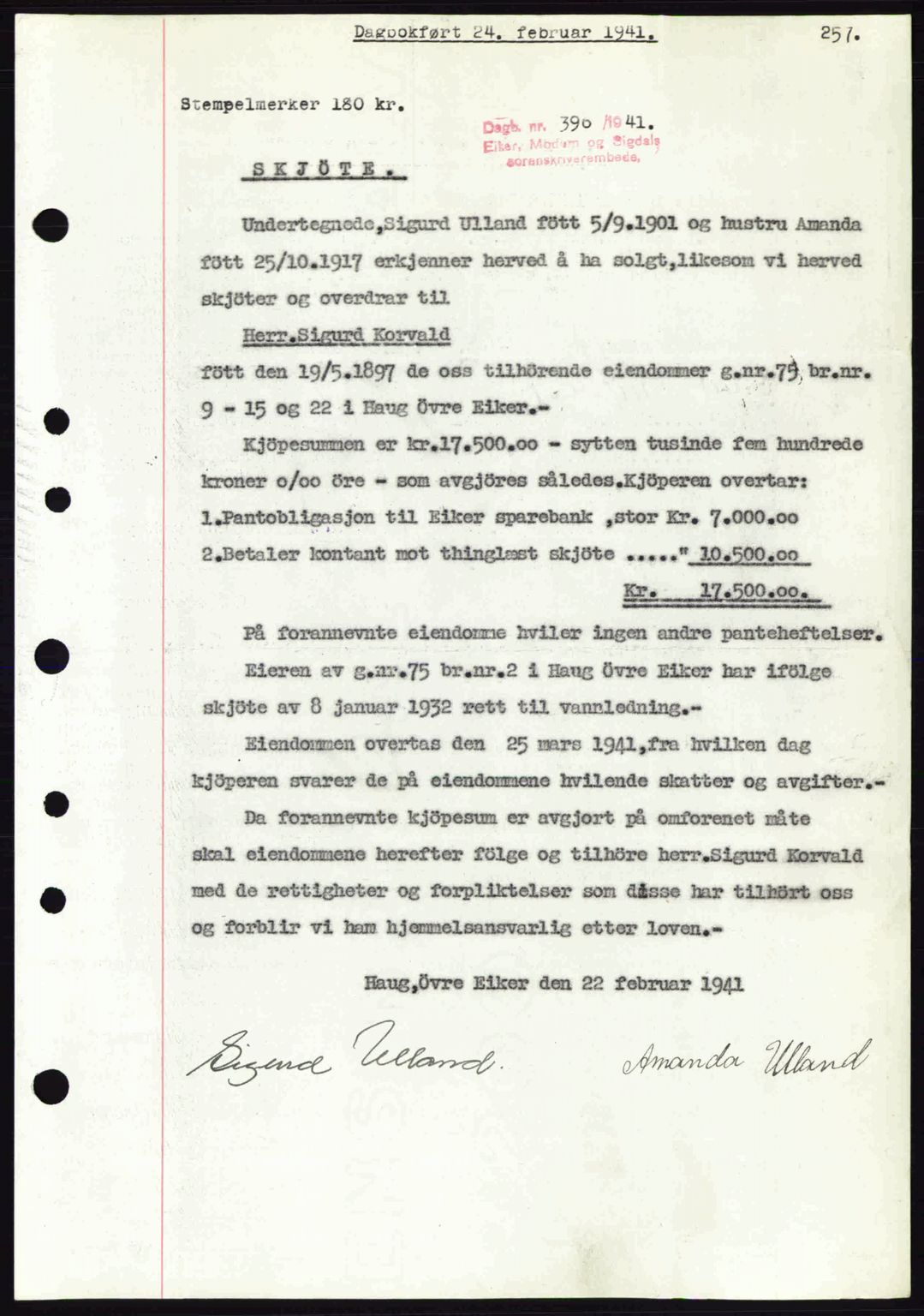 Eiker, Modum og Sigdal sorenskriveri, SAKO/A-123/G/Ga/Gab/L0043: Mortgage book no. A13, 1940-1941, Diary no: : 390/1941