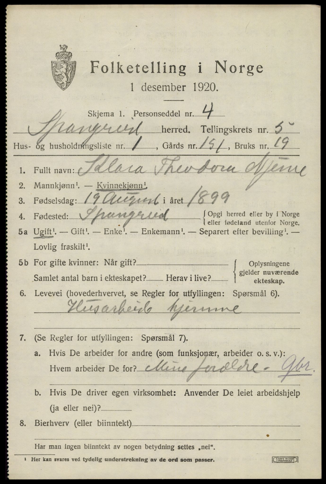 SAK, 1920 census for Spangereid, 1920, p. 1733