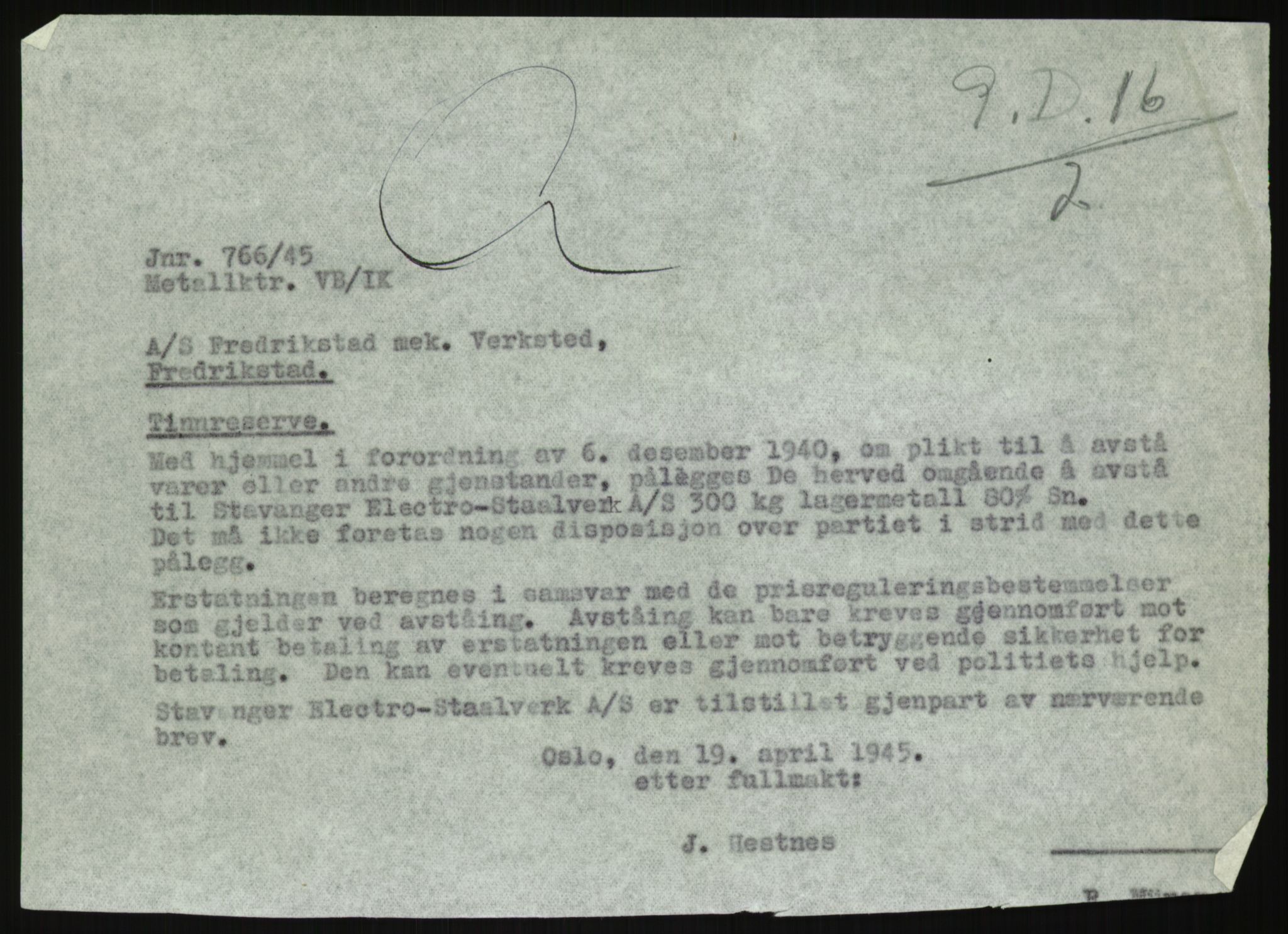 Direktoratet for industriforsyning, Sekretariatet, RA/S-4153/D/Df/L0054: 9. Metallkontoret, 1940-1945, p. 1889