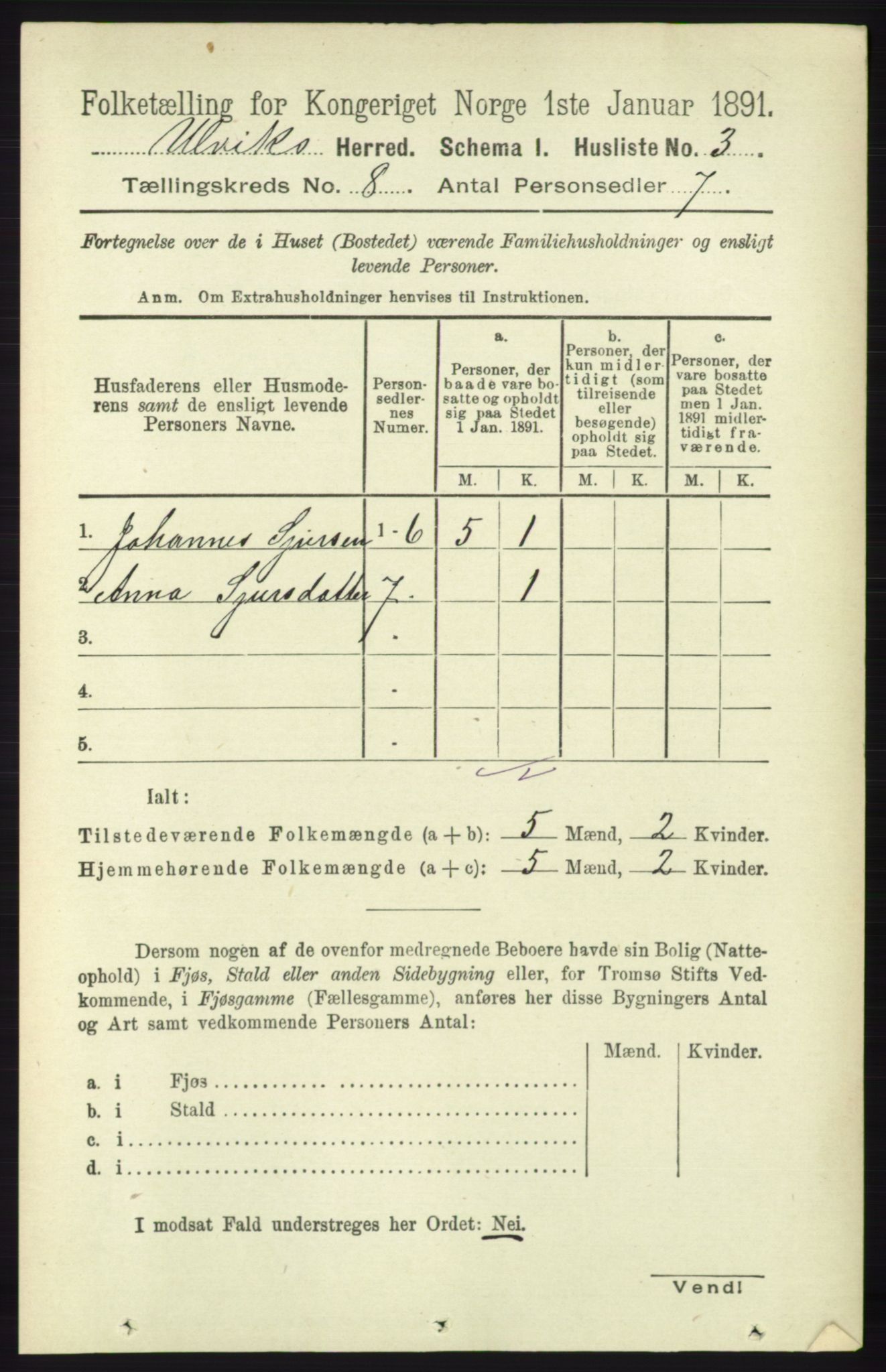 RA, 1891 census for 1233 Ulvik, 1891, p. 2532