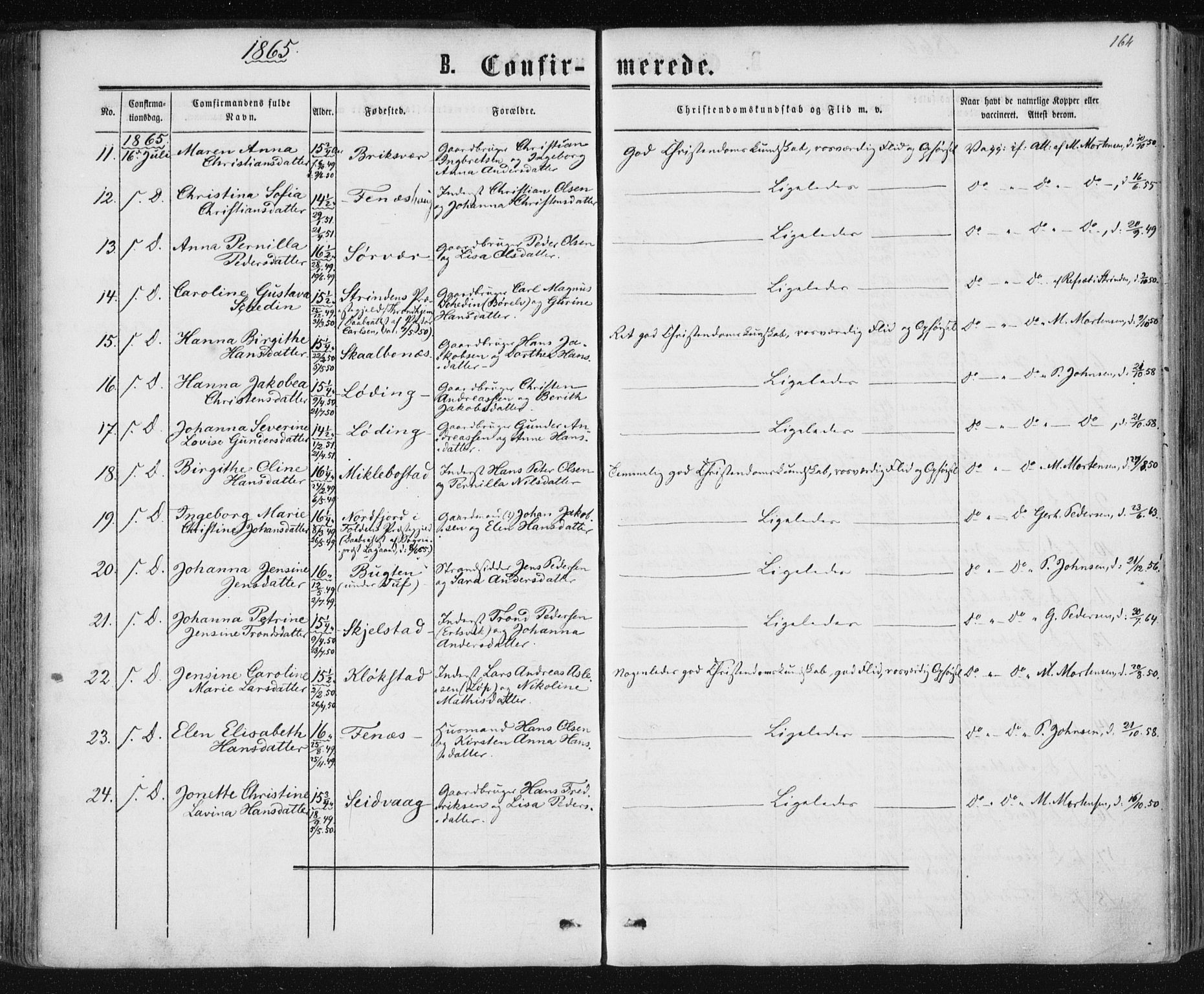 Ministerialprotokoller, klokkerbøker og fødselsregistre - Nordland, AV/SAT-A-1459/801/L0008: Parish register (official) no. 801A08, 1864-1875, p. 164