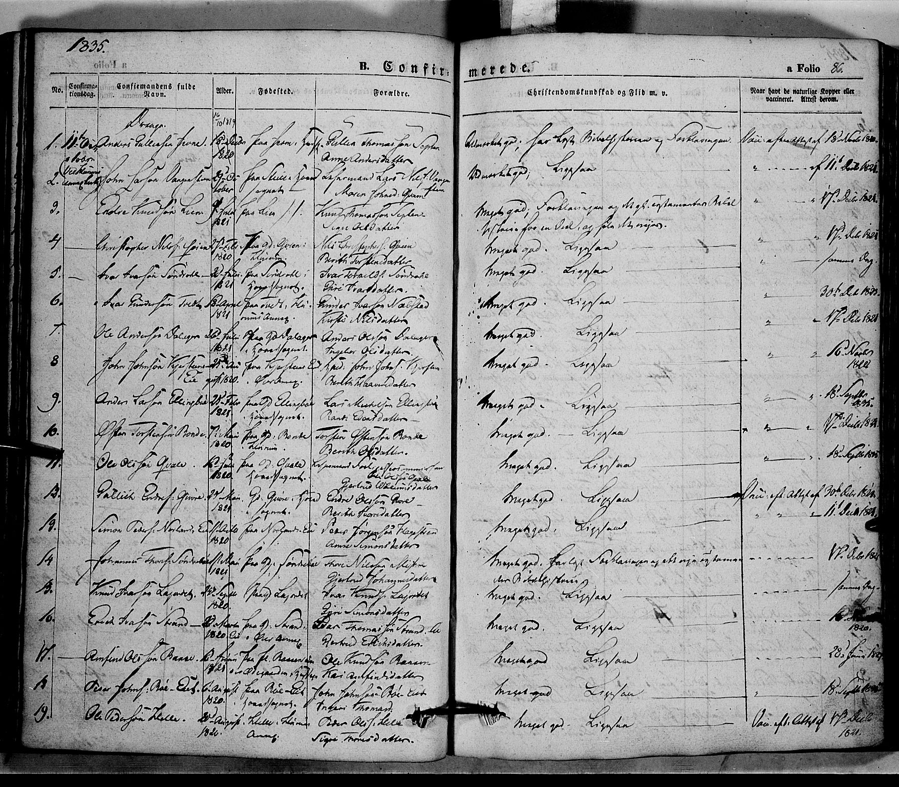 Vang prestekontor, Valdres, SAH/PREST-140/H/Ha/L0005: Parish register (official) no. 5, 1831-1845, p. 86
