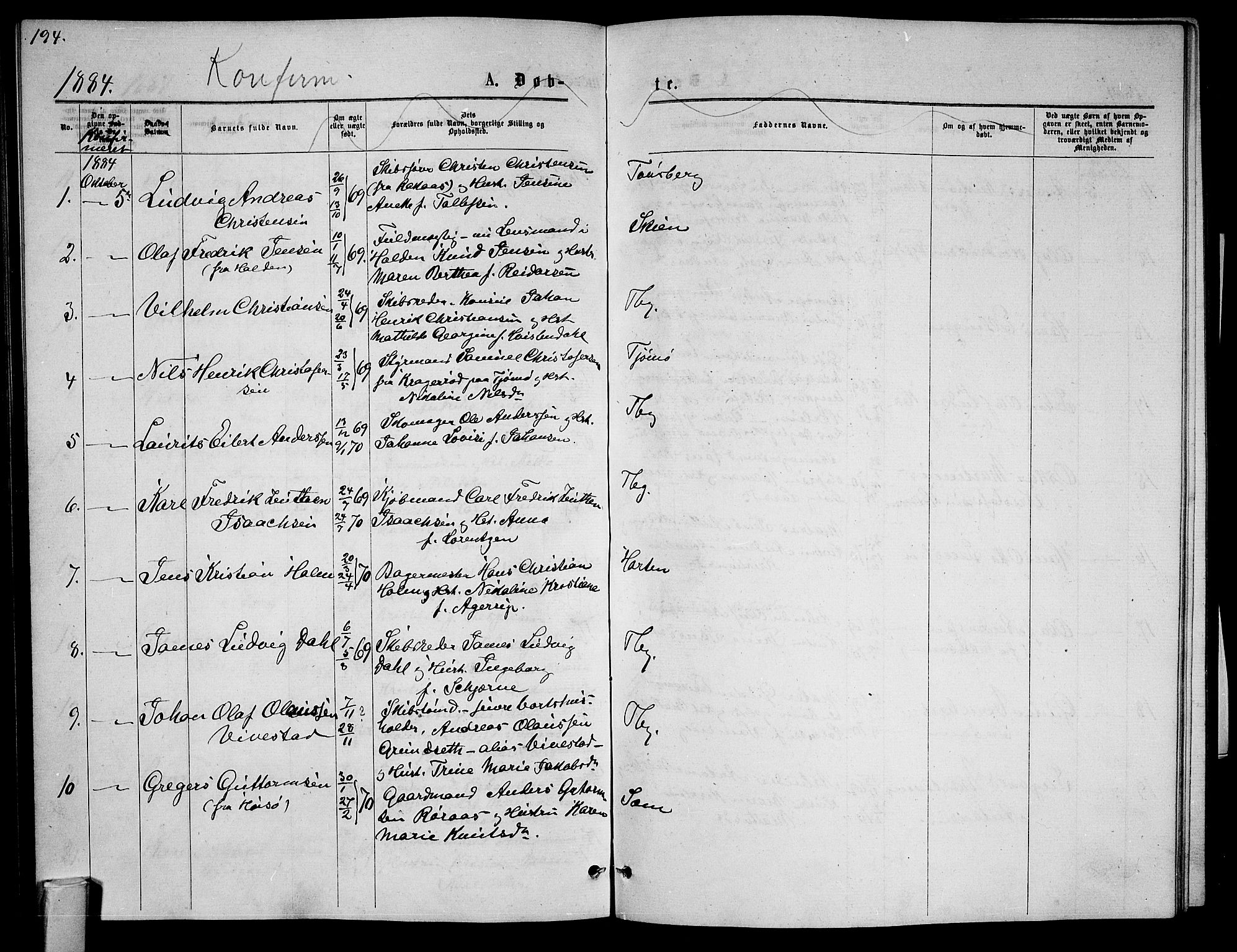 Tønsberg kirkebøker, AV/SAKO-A-330/G/Ga/L0005: Parish register (copy) no. 5, 1875-1885, p. 194