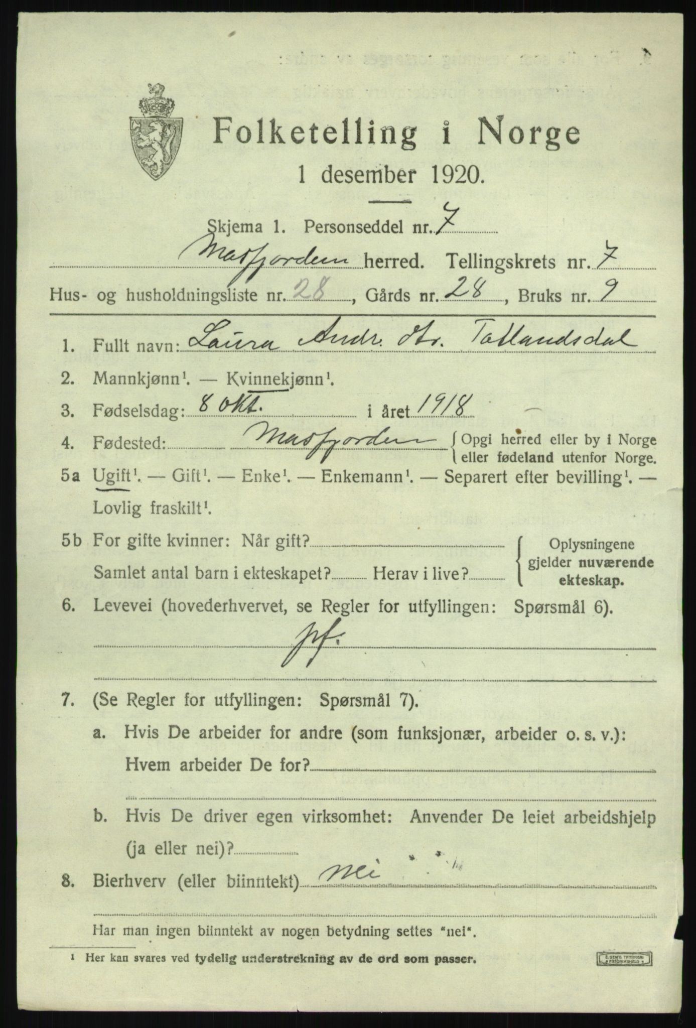 SAB, 1920 census for Masfjorden, 1920, p. 3067