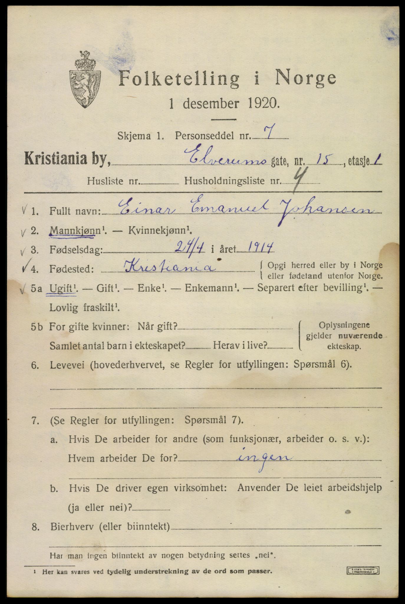 SAO, 1920 census for Kristiania, 1920, p. 215579