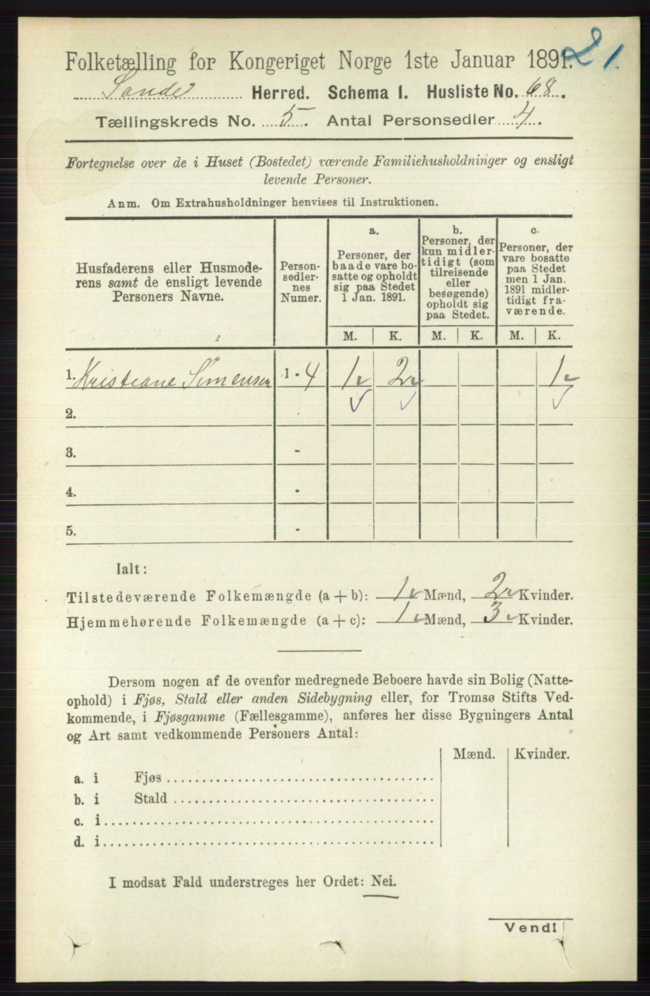 RA, 1891 census for 0713 Sande, 1891, p. 2127