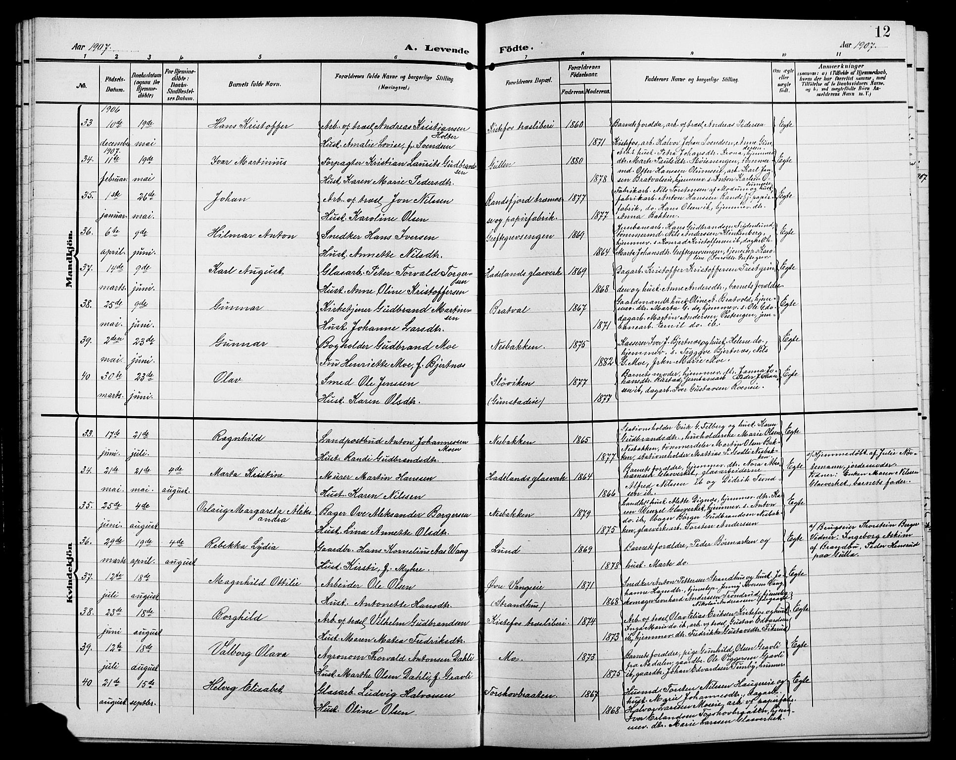 Jevnaker prestekontor, AV/SAH-PREST-116/H/Ha/Hab/L0004: Parish register (copy) no. 4, 1907-1918, p. 12