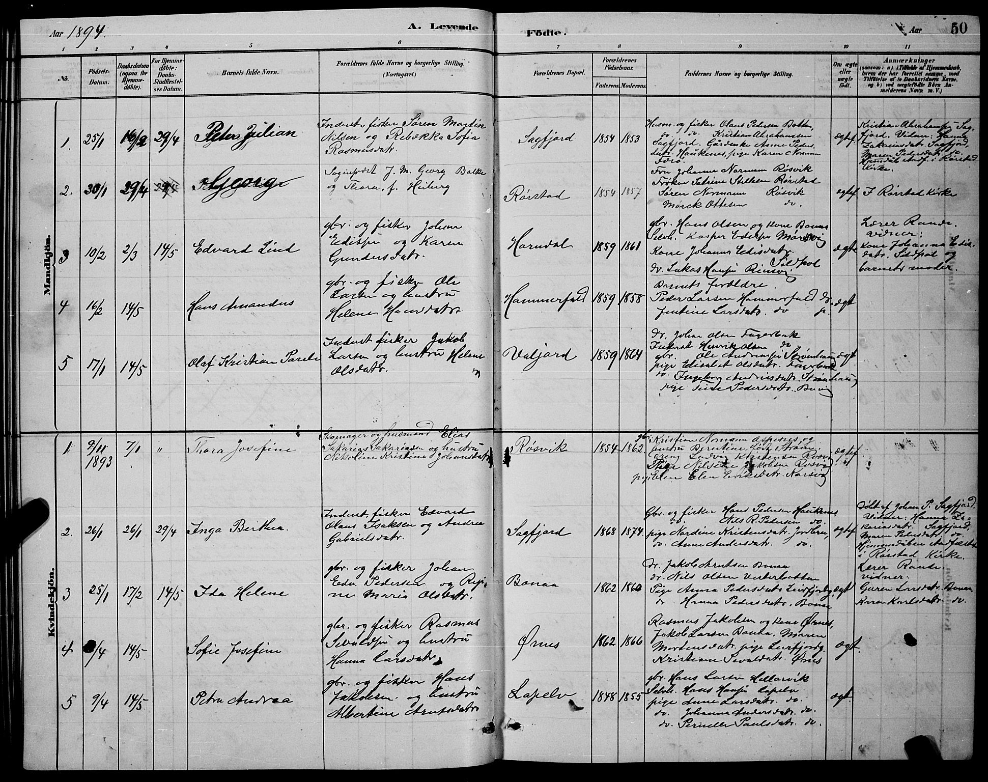 Ministerialprotokoller, klokkerbøker og fødselsregistre - Nordland, AV/SAT-A-1459/853/L0772: Parish register (official) no. 853A11, 1881-1900, p. 50