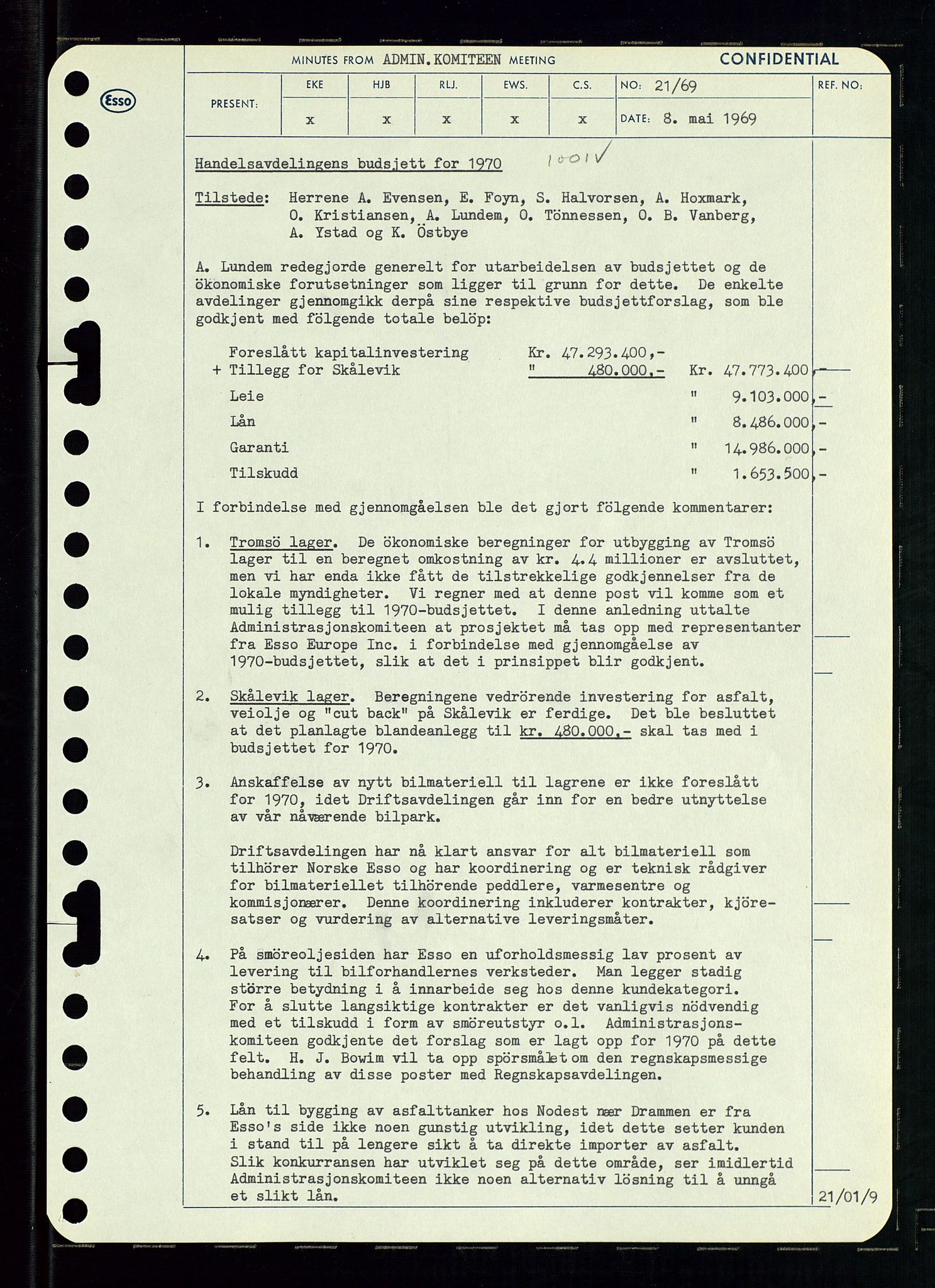 Pa 0982 - Esso Norge A/S, AV/SAST-A-100448/A/Aa/L0003/0001: Den administrerende direksjon Board minutes (styrereferater) og Bedriftforsamlingsprotokoll / Den administrerende direksjon Board minutes (styrereferater), 1969, p. 78