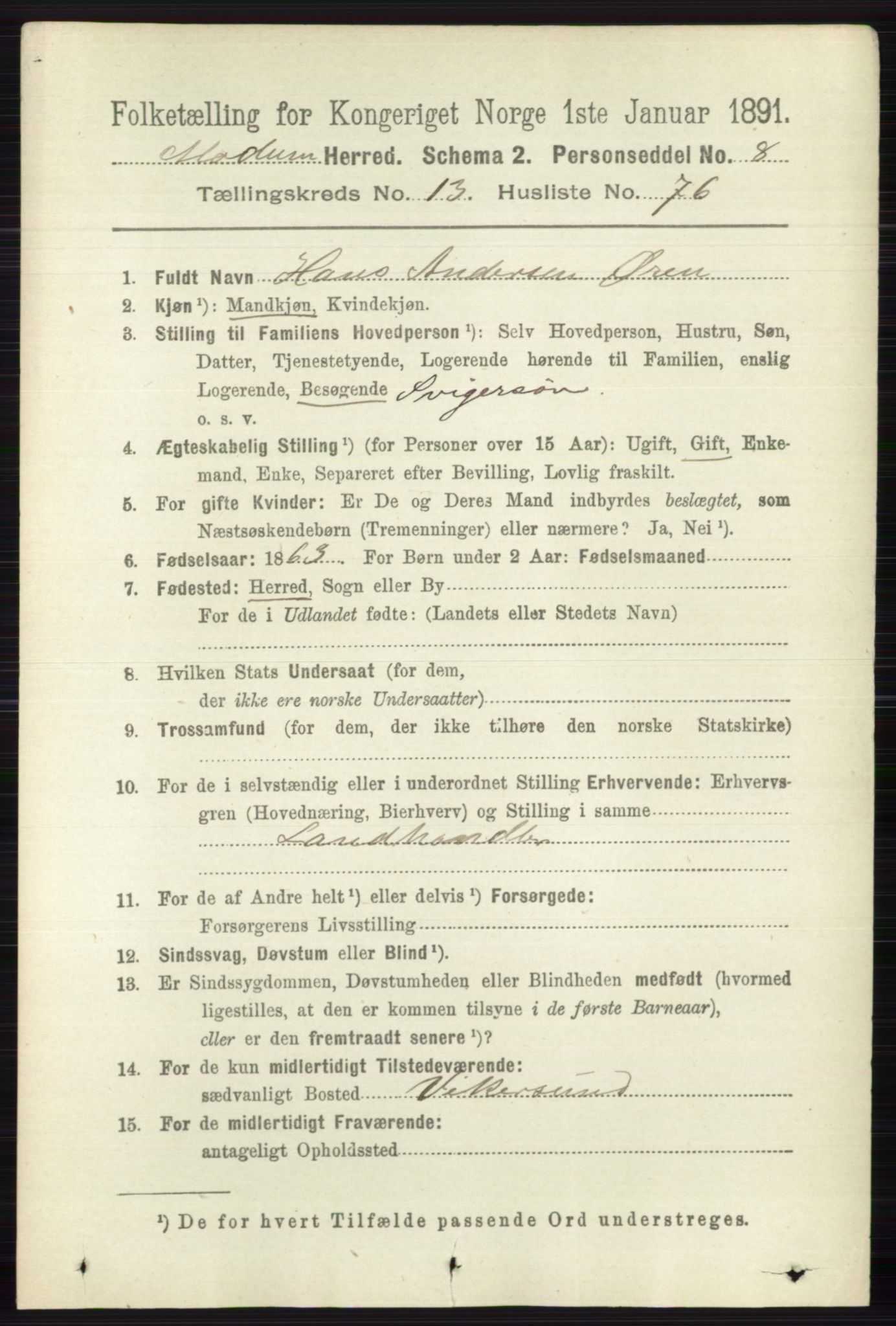 RA, 1891 census for 0623 Modum, 1891, p. 5345