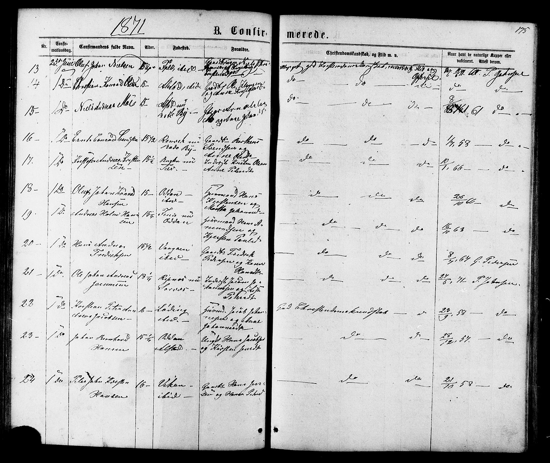 Ministerialprotokoller, klokkerbøker og fødselsregistre - Nordland, AV/SAT-A-1459/801/L0029: Parish register (copy) no. 801C04, 1868-1878, p. 175