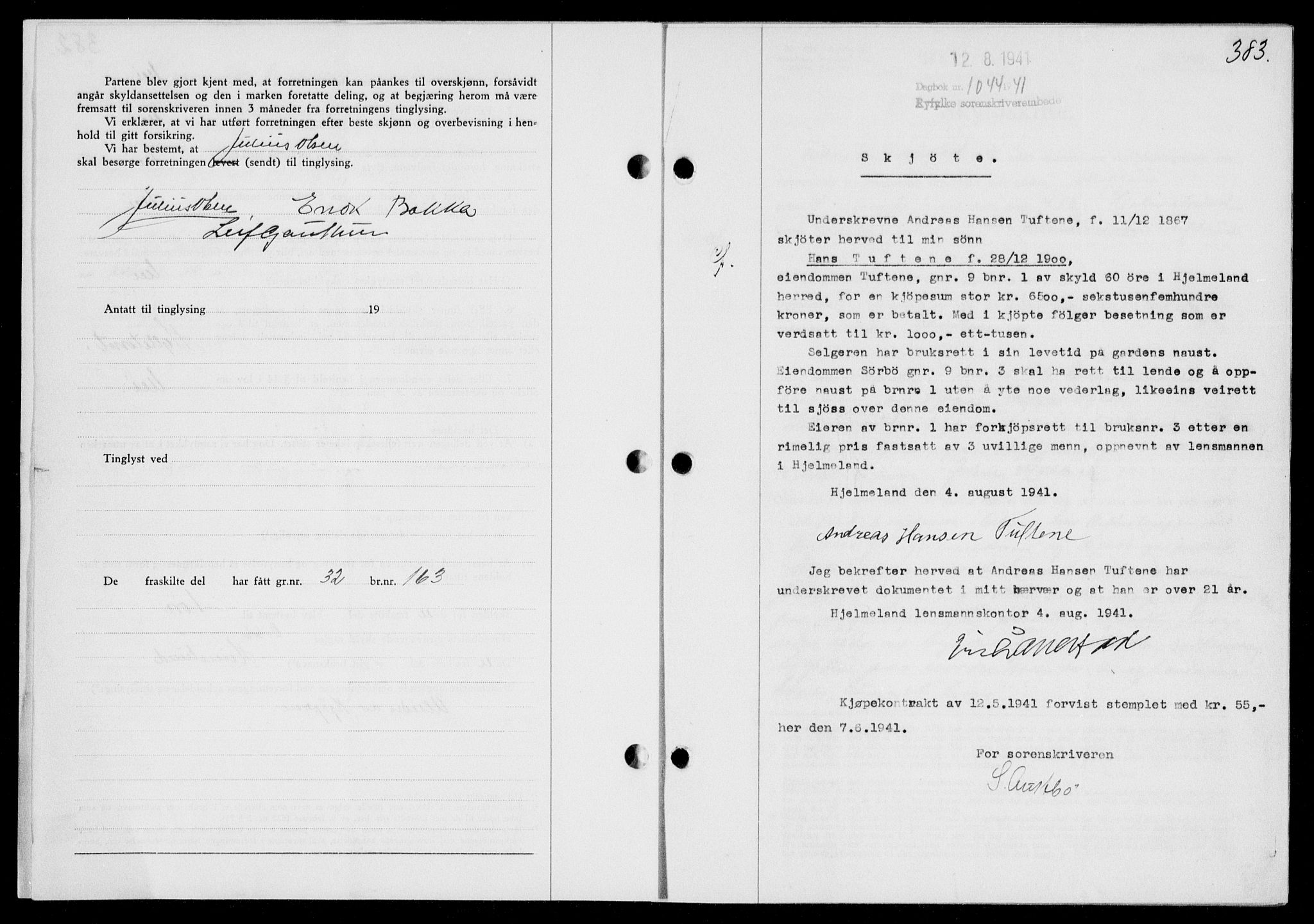 Ryfylke tingrett, SAST/A-100055/001/II/IIB/L0085: Mortgage book no. 64, 1941-1941, Diary no: : 1044/1941