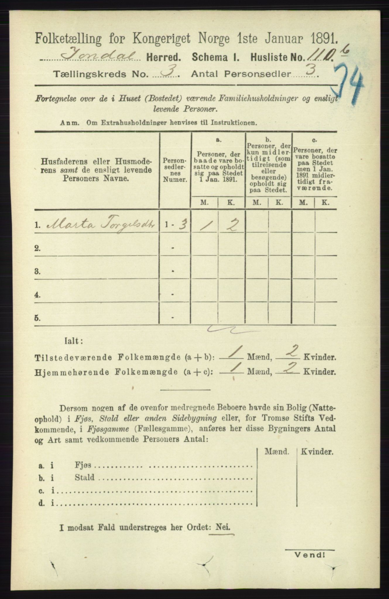 RA, 1891 census for 1227 Jondal, 1891, p. 1291