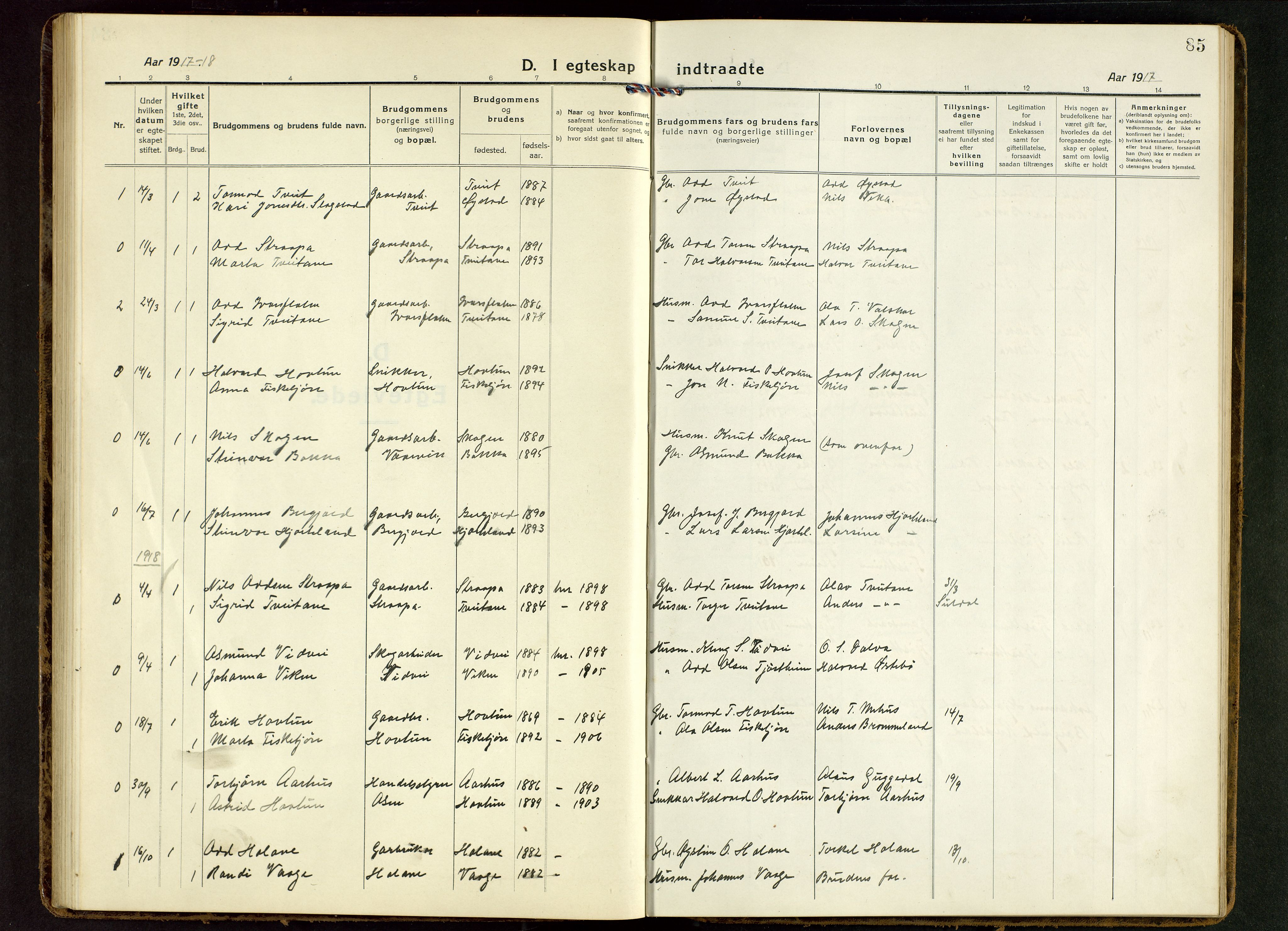 Suldal sokneprestkontor, SAST/A-101845/01/V/L0007: Parish register (copy) no. B 7, 1917-1946, p. 85