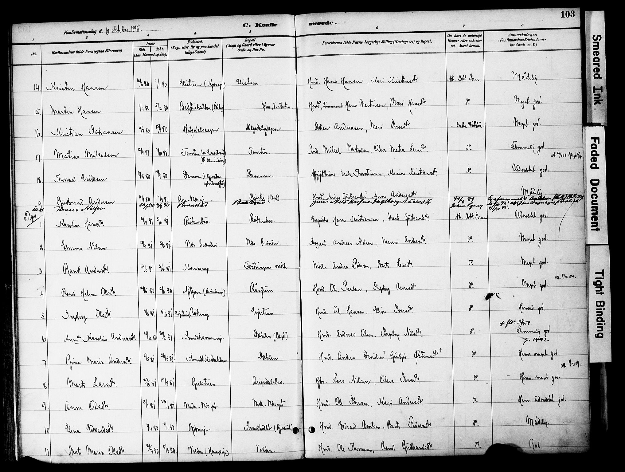 Gran prestekontor, AV/SAH-PREST-112/H/Ha/Haa/L0020: Parish register (official) no. 20, 1889-1899, p. 103