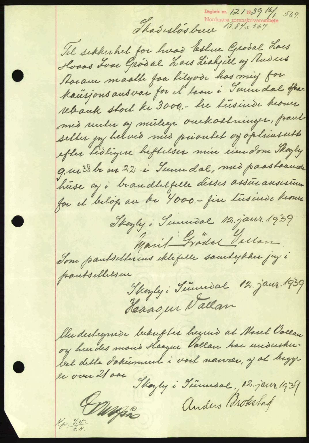 Nordmøre sorenskriveri, SAT/A-4132/1/2/2Ca: Mortgage book no. B84, 1938-1939, Diary no: : 121/1939