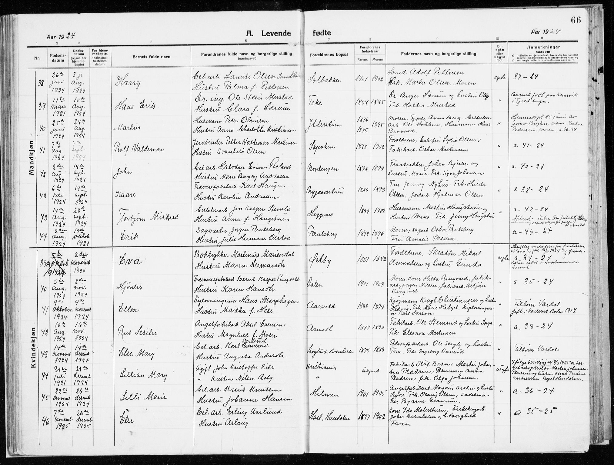 Vardal prestekontor, AV/SAH-PREST-100/H/Ha/Haa/L0017: Parish register (official) no. 17, 1915-1929, p. 66