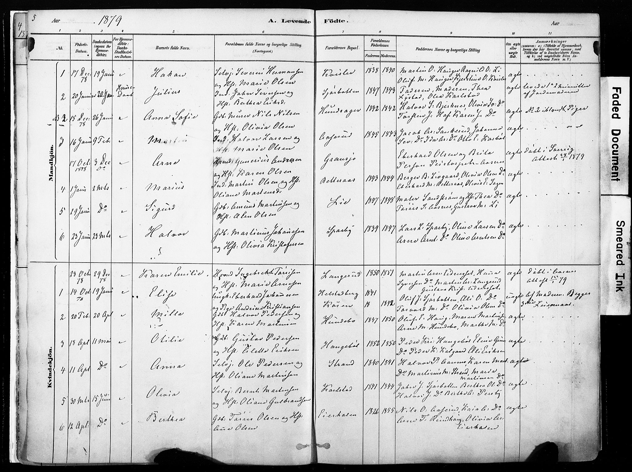 Hof prestekontor, SAH/PREST-038/H/Ha/Haa/L0010: Parish register (official) no. 10, 1878-1909, p. 5