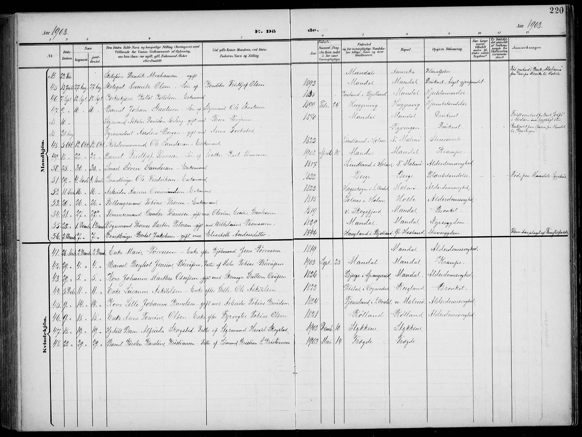 Mandal sokneprestkontor, AV/SAK-1111-0030/F/Fb/Fba/L0012: Parish register (copy) no. B 6, 1899-1918, p. 220