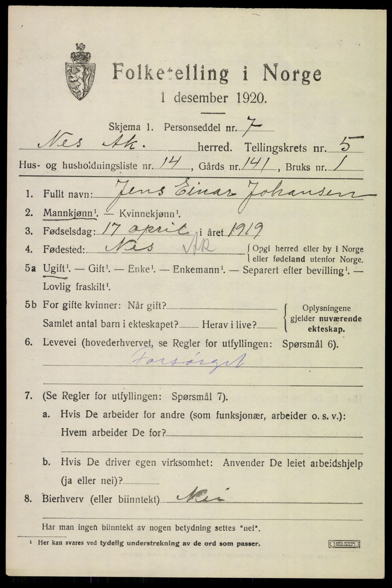 SAO, 1920 census for Nes, 1920, p. 6600