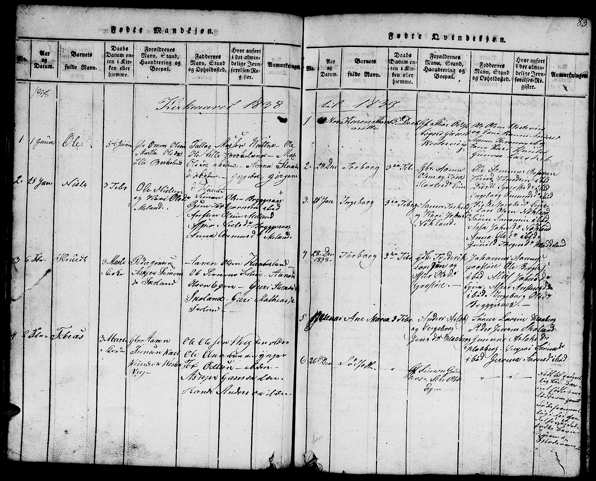Hægebostad sokneprestkontor, SAK/1111-0024/F/Fb/Fbb/L0001: Parish register (copy) no. B 1, 1816-1850, p. 83