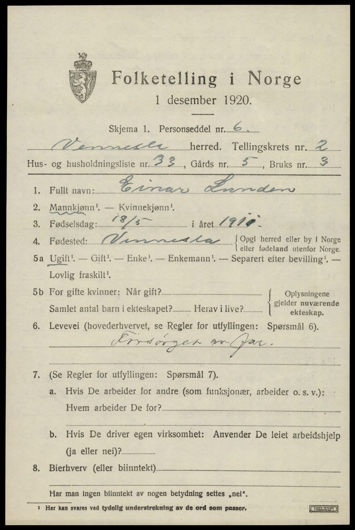 SAK, 1920 census for Vennesla, 1920, p. 1922