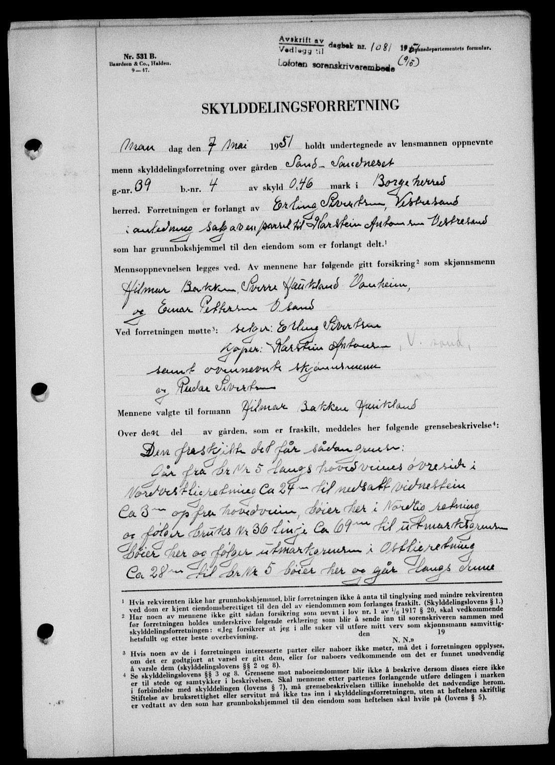 Lofoten sorenskriveri, SAT/A-0017/1/2/2C/L0025a: Mortgage book no. 25a, 1950-1951, Diary no: : 1081/1951