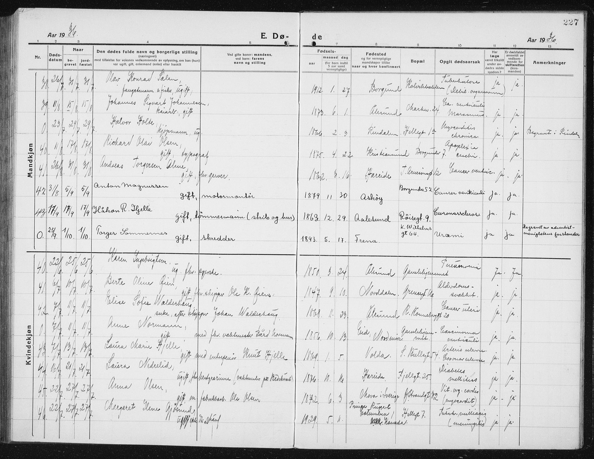 Ministerialprotokoller, klokkerbøker og fødselsregistre - Møre og Romsdal, AV/SAT-A-1454/529/L0474: Parish register (copy) no. 529C11, 1918-1938, p. 227