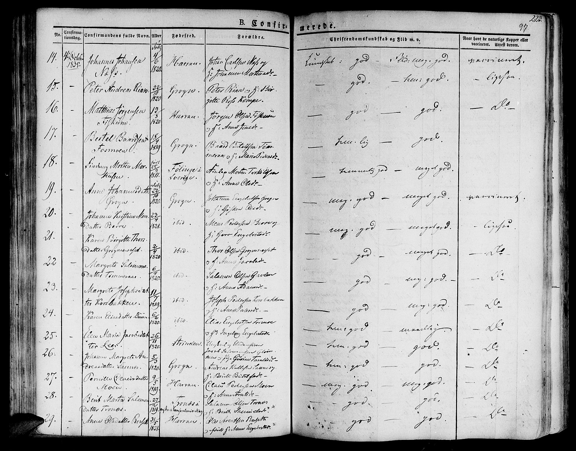 Ministerialprotokoller, klokkerbøker og fødselsregistre - Nord-Trøndelag, SAT/A-1458/758/L0510: Parish register (official) no. 758A01 /1, 1821-1841, p. 97