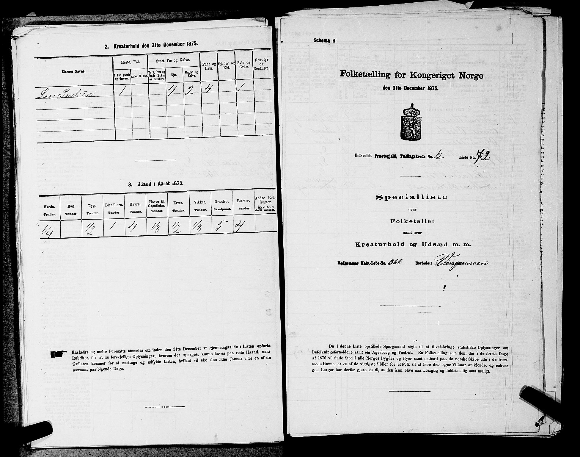 RA, 1875 census for 0237P Eidsvoll, 1875, p. 2045