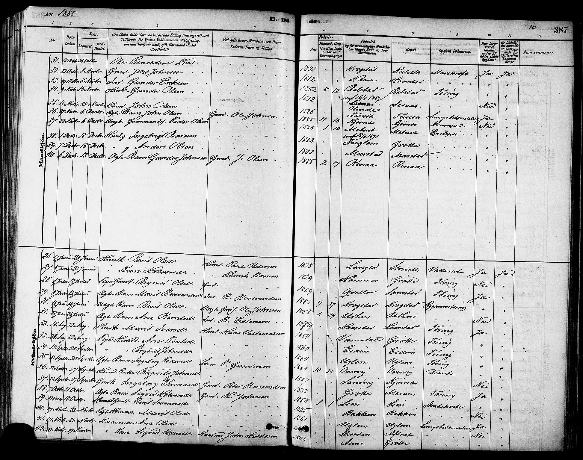 Ministerialprotokoller, klokkerbøker og fødselsregistre - Sør-Trøndelag, AV/SAT-A-1456/695/L1148: Parish register (official) no. 695A08, 1878-1891, p. 387