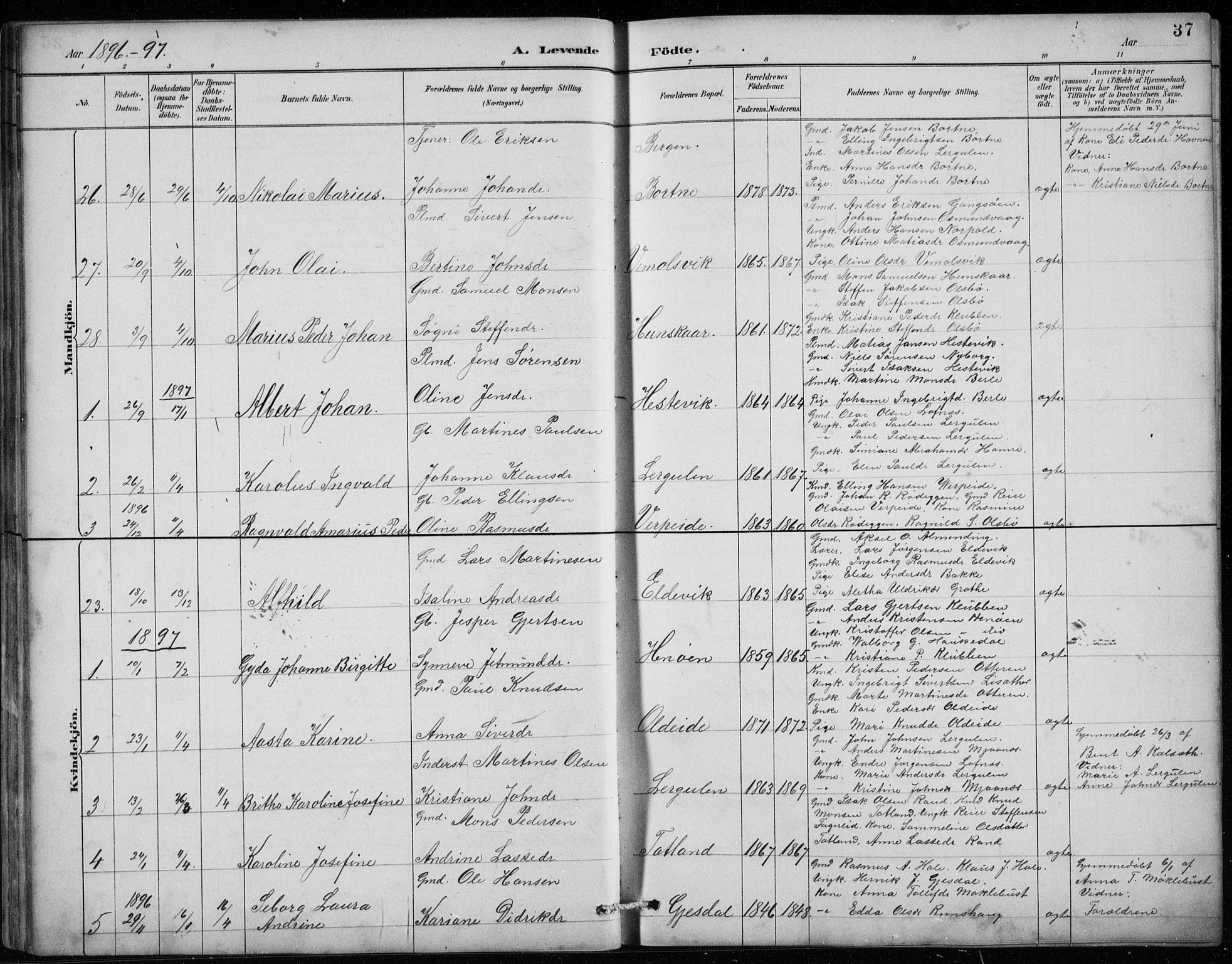 Davik sokneprestembete, AV/SAB-A-79701/H/Hab/Habc/L0002: Parish register (copy) no. C 2, 1889-1906, p. 37