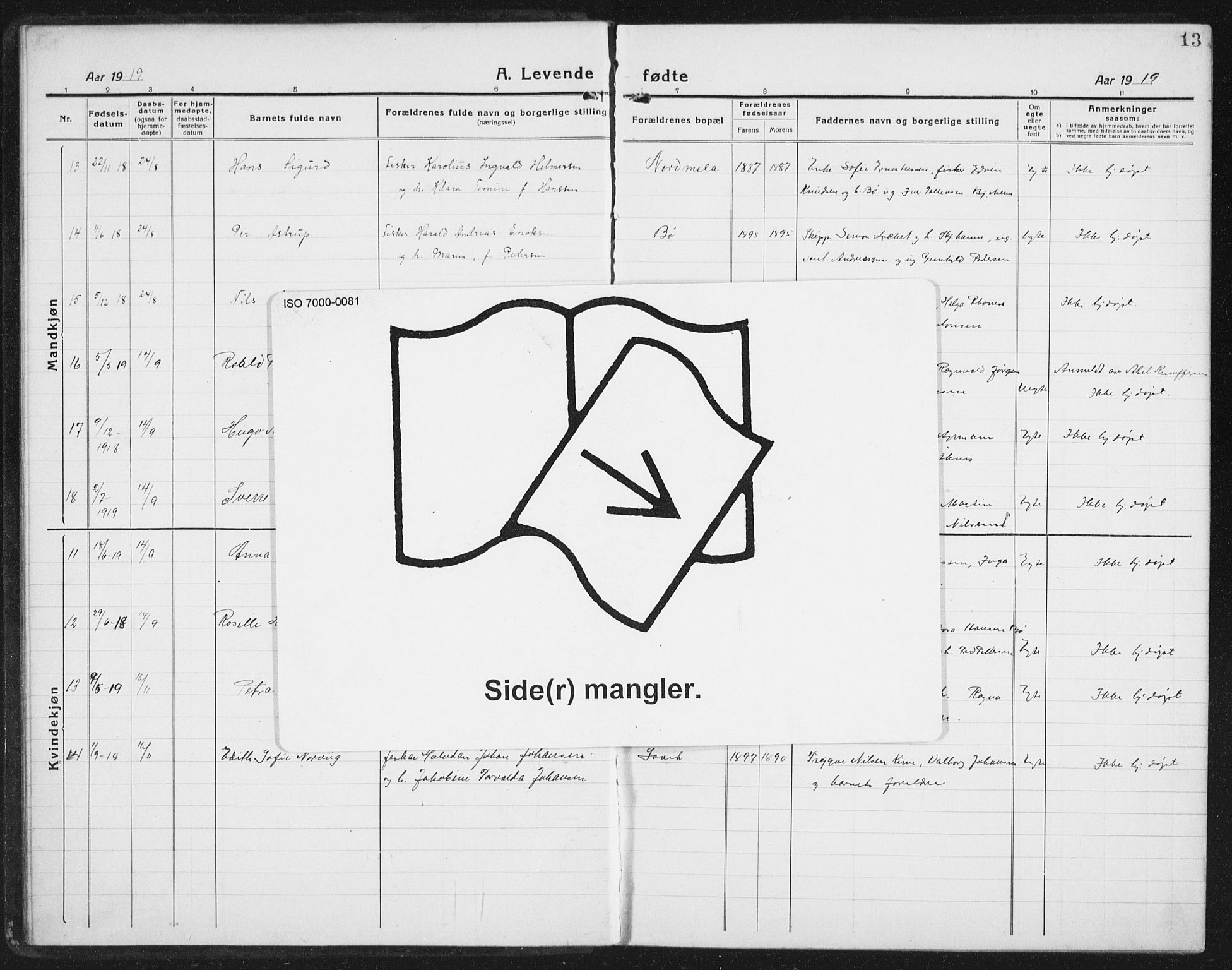 Ministerialprotokoller, klokkerbøker og fødselsregistre - Nordland, AV/SAT-A-1459/898/L1428: Parish register (copy) no. 898C03, 1918-1938, p. 13