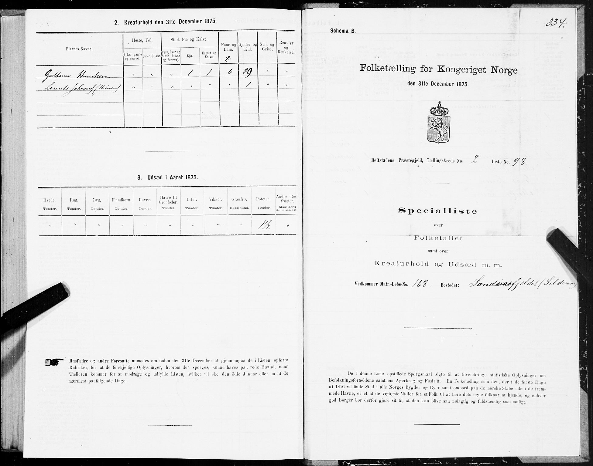 SAT, 1875 census for 1727P Beitstad, 1875, p. 1334