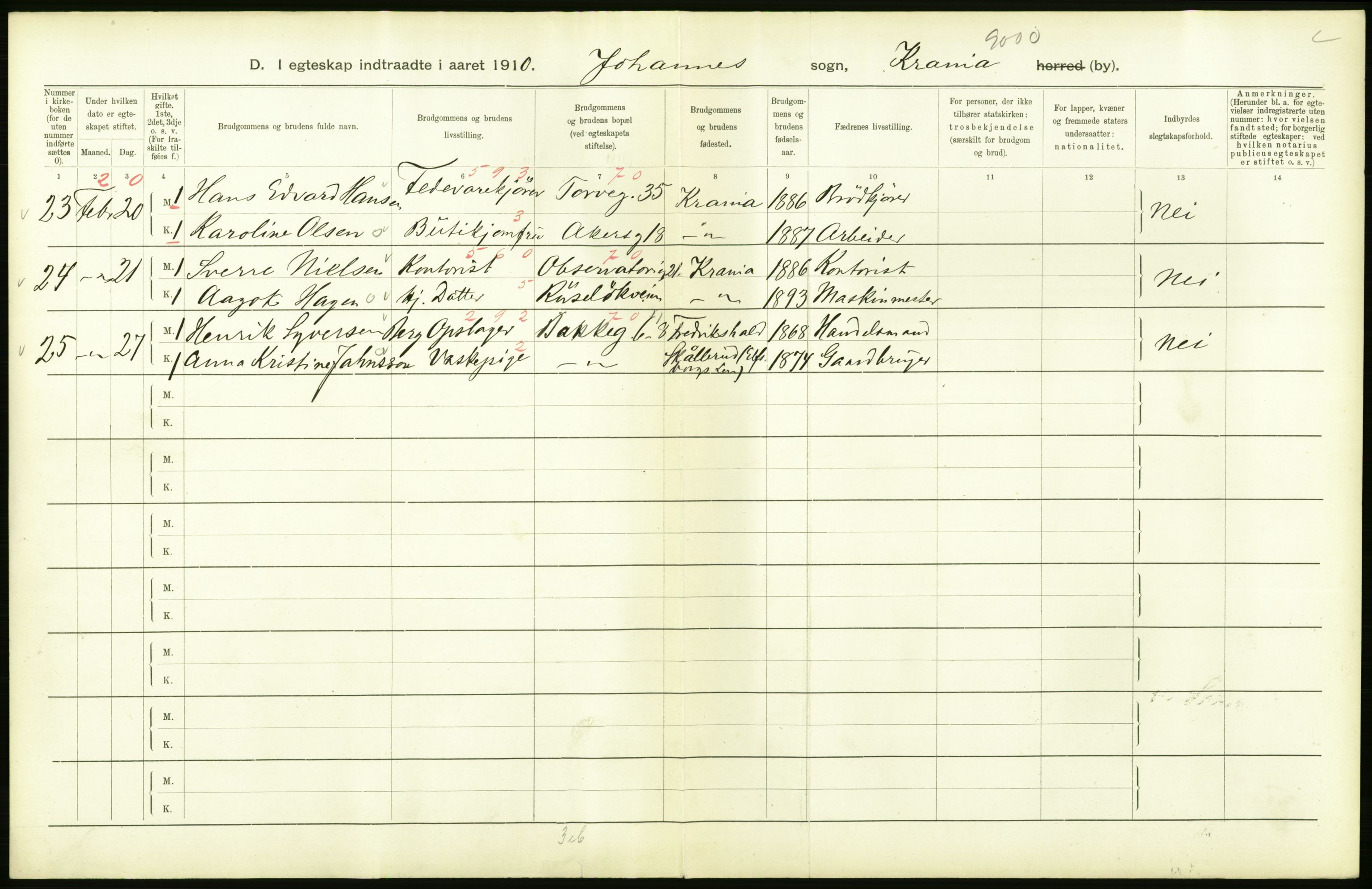 Statistisk sentralbyrå, Sosiodemografiske emner, Befolkning, AV/RA-S-2228/D/Df/Dfa/Dfah/L0009: Kristiania: Gifte og dødfødte., 1910, p. 154